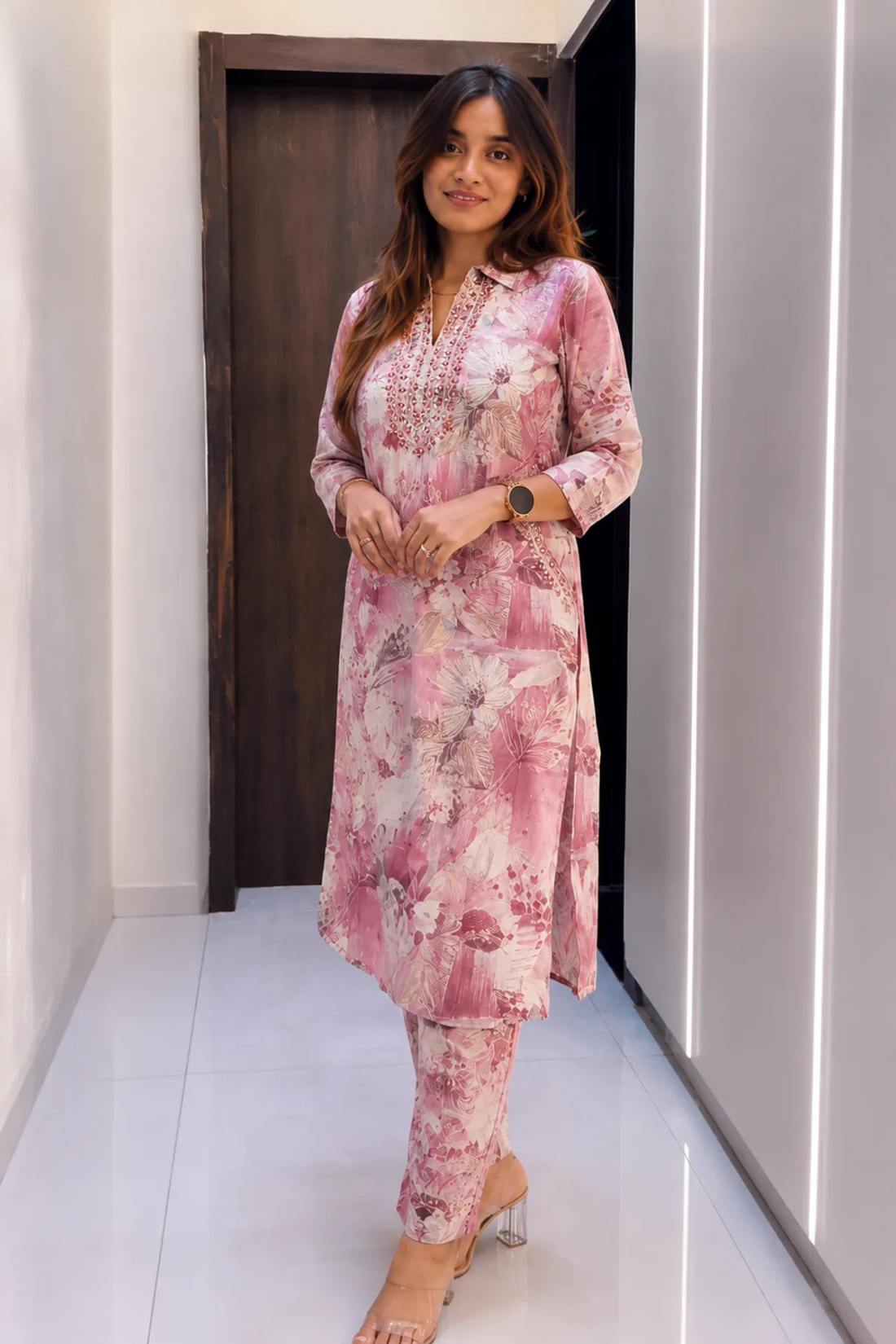 Sharda Ethnic Blush Bloom Mirror Work Muslin Co-Ord Set with Afghani Pants