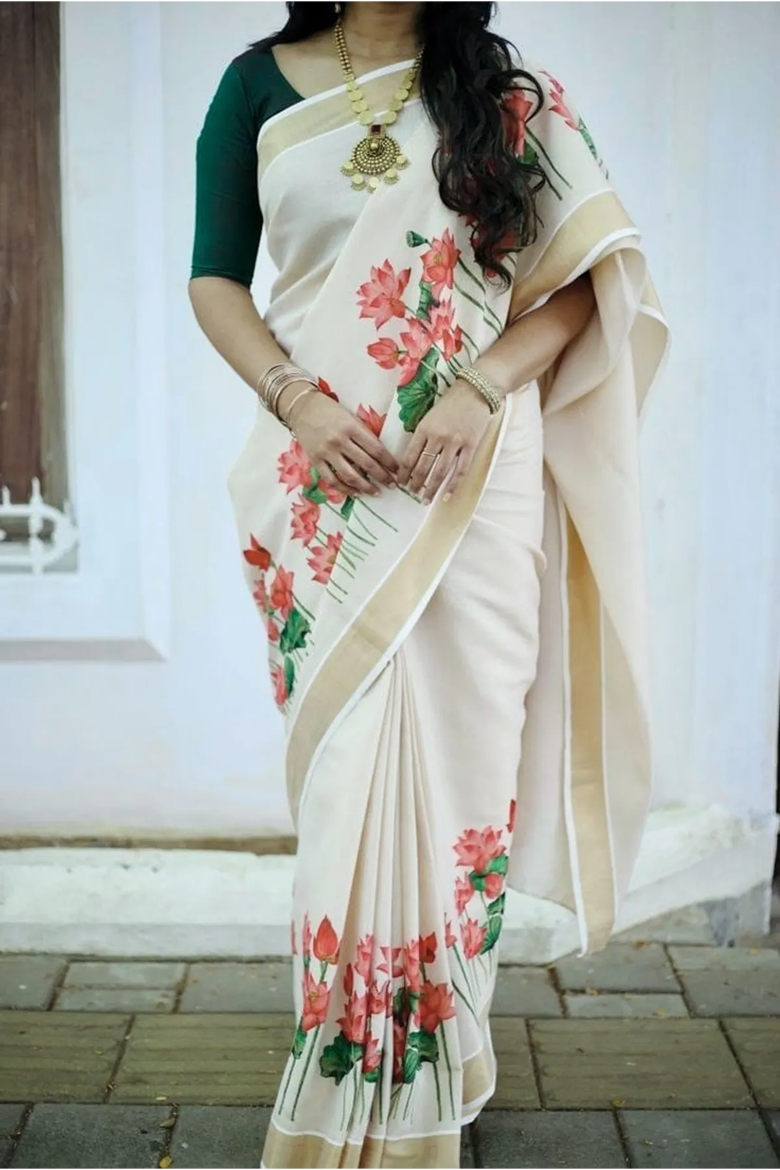 Elegant Chiku Linen Kerala Saree With Digital Floral Print & Gold Jari Border