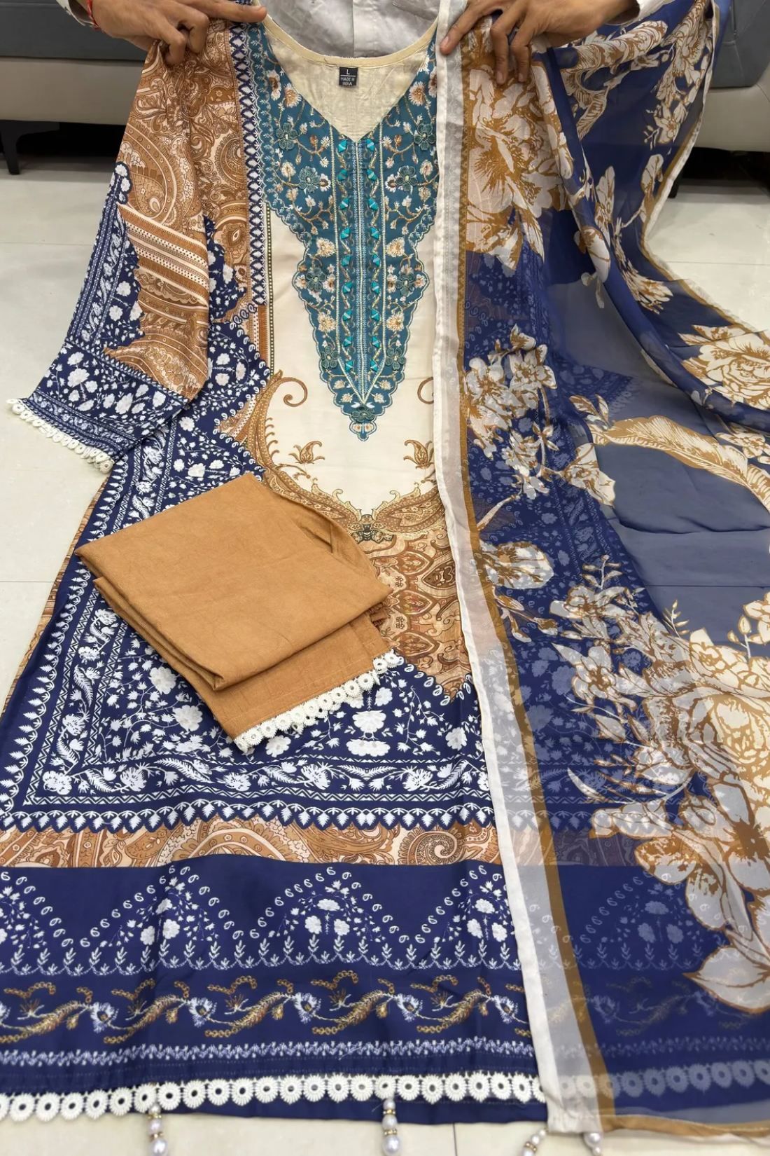 Royal Blue & Ivory Berry Silk Suit Set With Mirror Work & Printed Dupatta