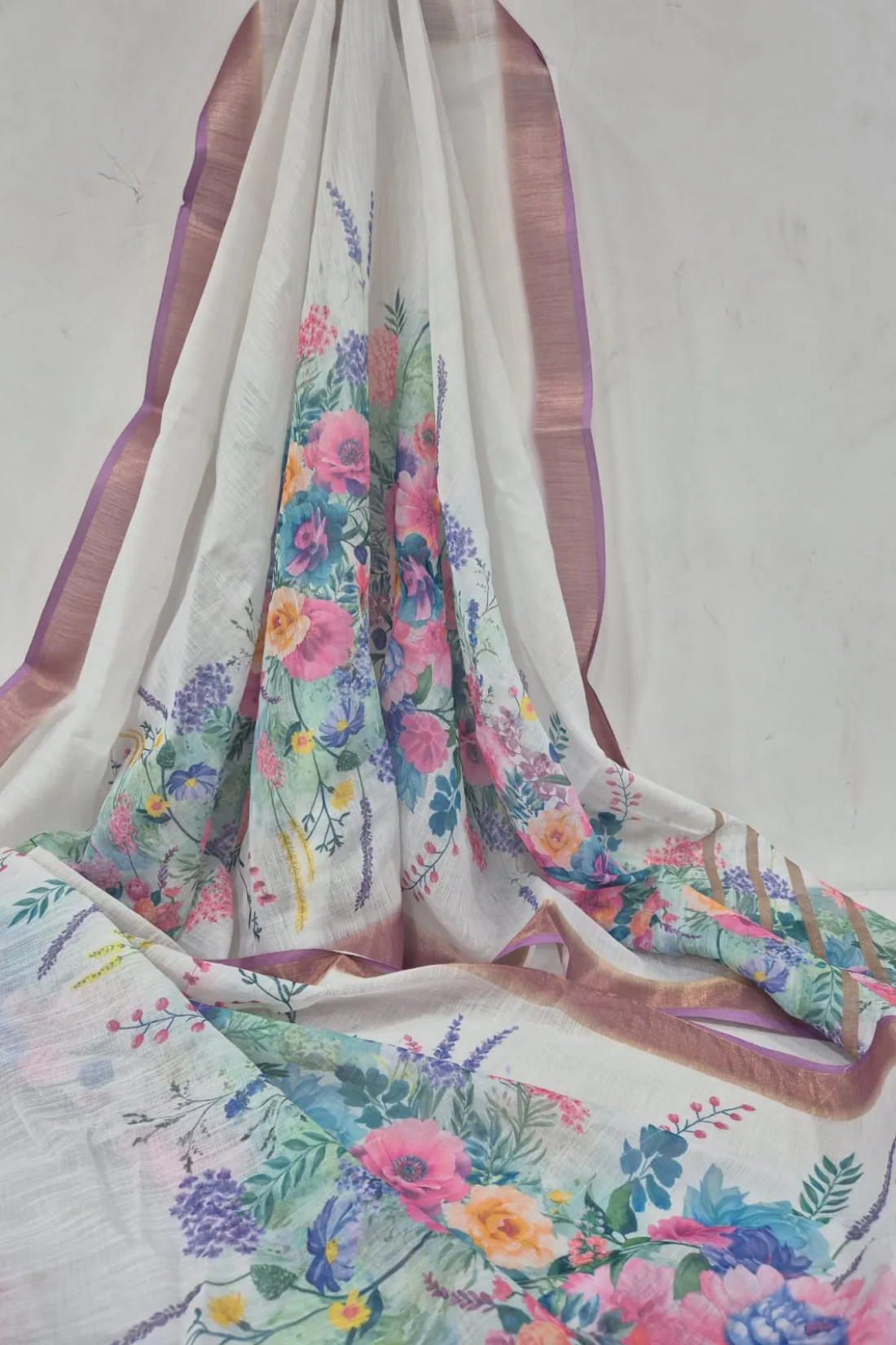 White Linen Saree with Floral Digital Print & Gold Jari Border