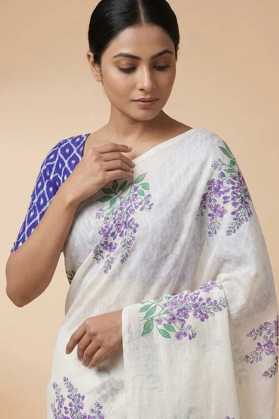 Cream With Blue Linen Digital Saree For Women