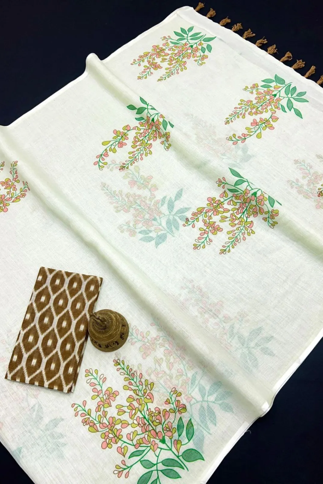 Cream With Brown Linen Digital Saree For Women