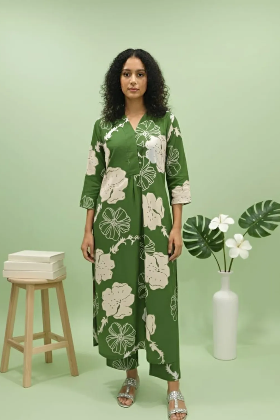 Green Poly Rayon Premium Long Kurti Pant Co-ord Set For Women