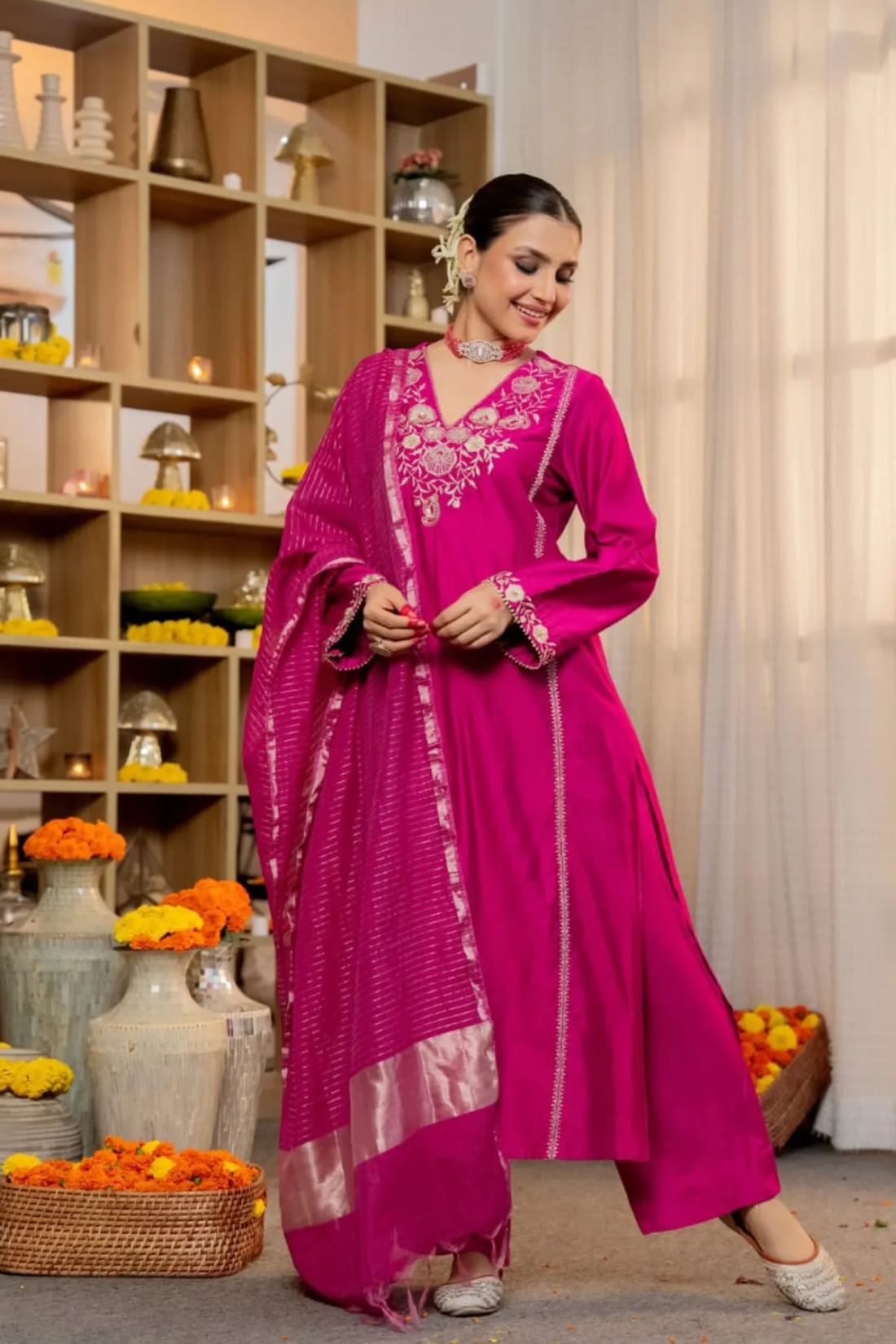 Premium Pure Satori Silk Pink Suit Set with Banarasi Dupatta