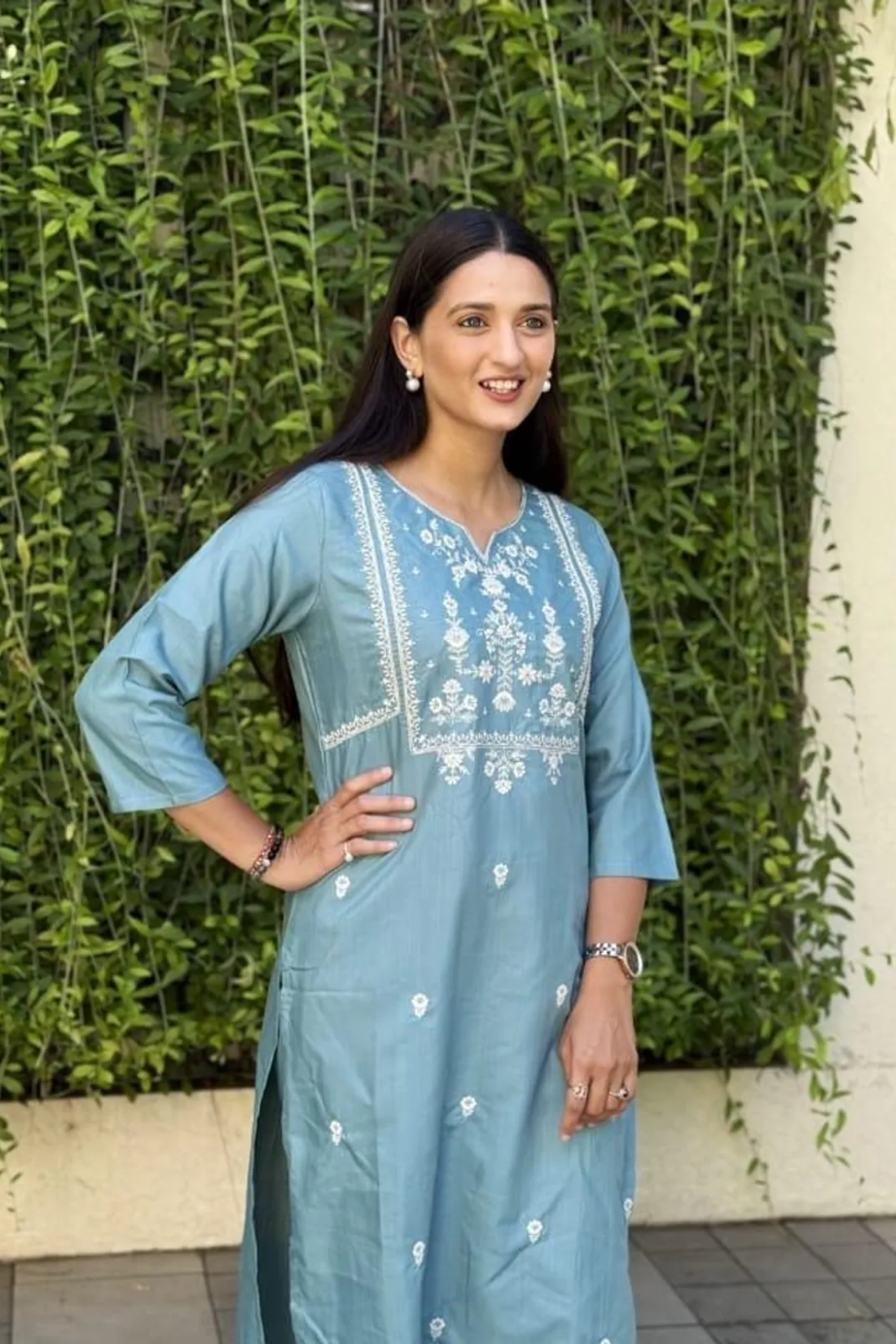 Sky Blue Poly Rayon Premium Kurta Set For Women