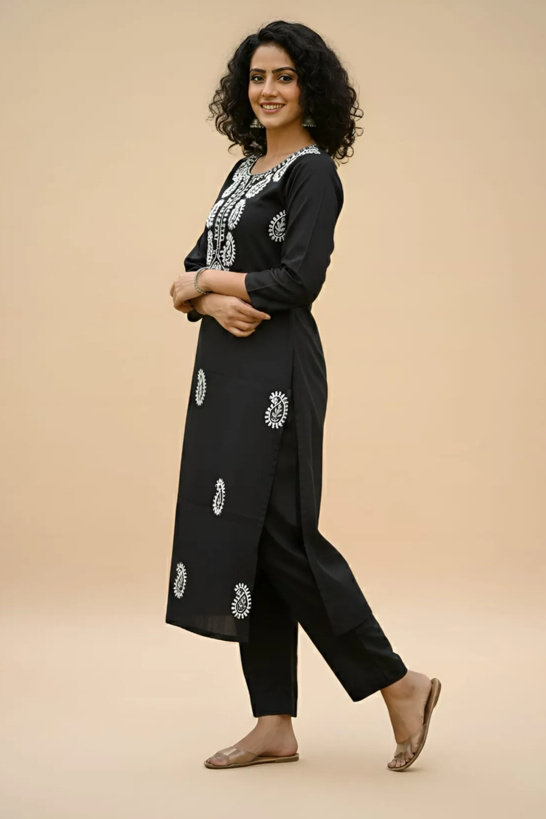 Black Tesla Slub Embroidered Kurti Pant Set with White Thread Work
