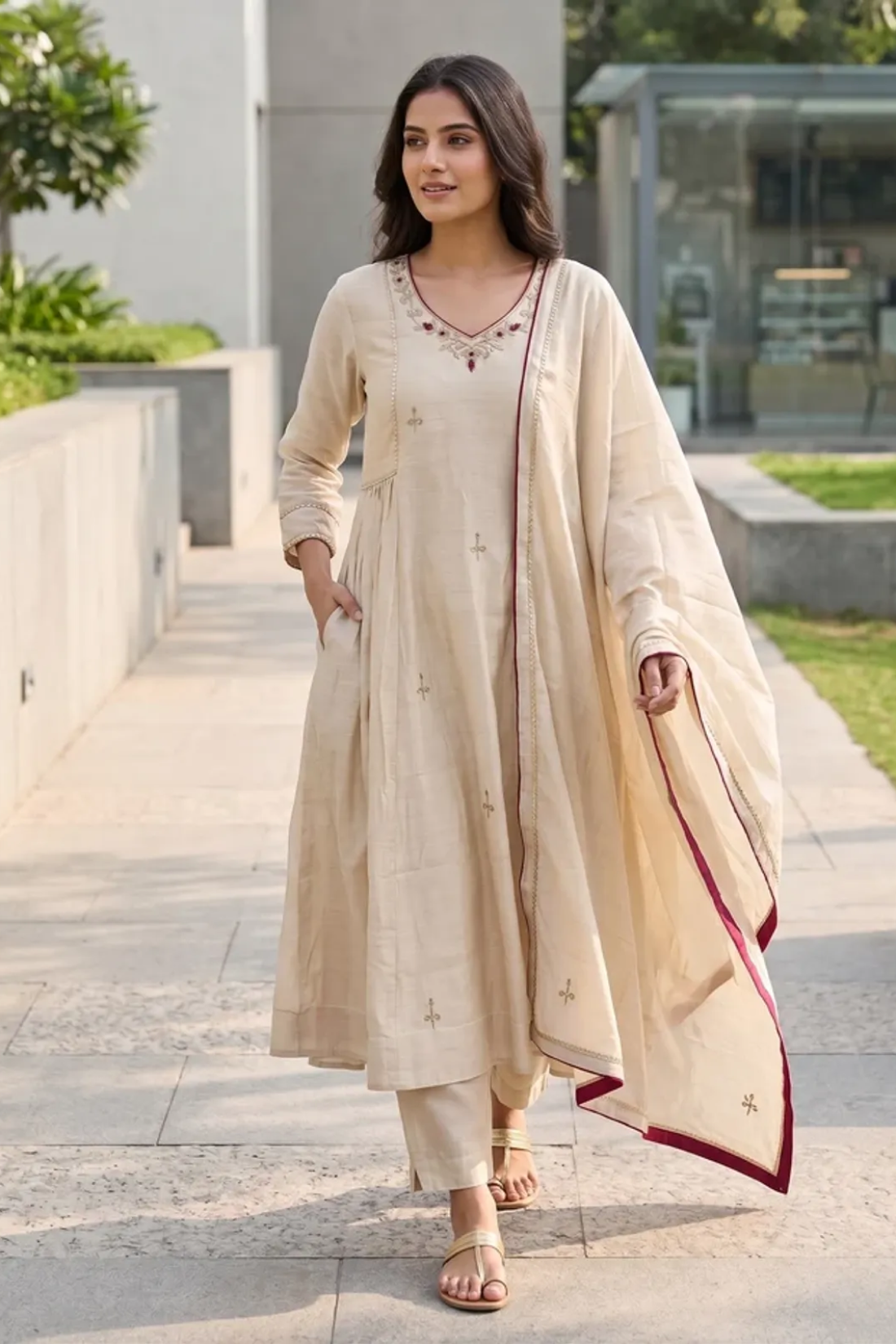 Almond Beige Pure Mul Chanderi Anarkali Suit Set With Handwork & Embroidery