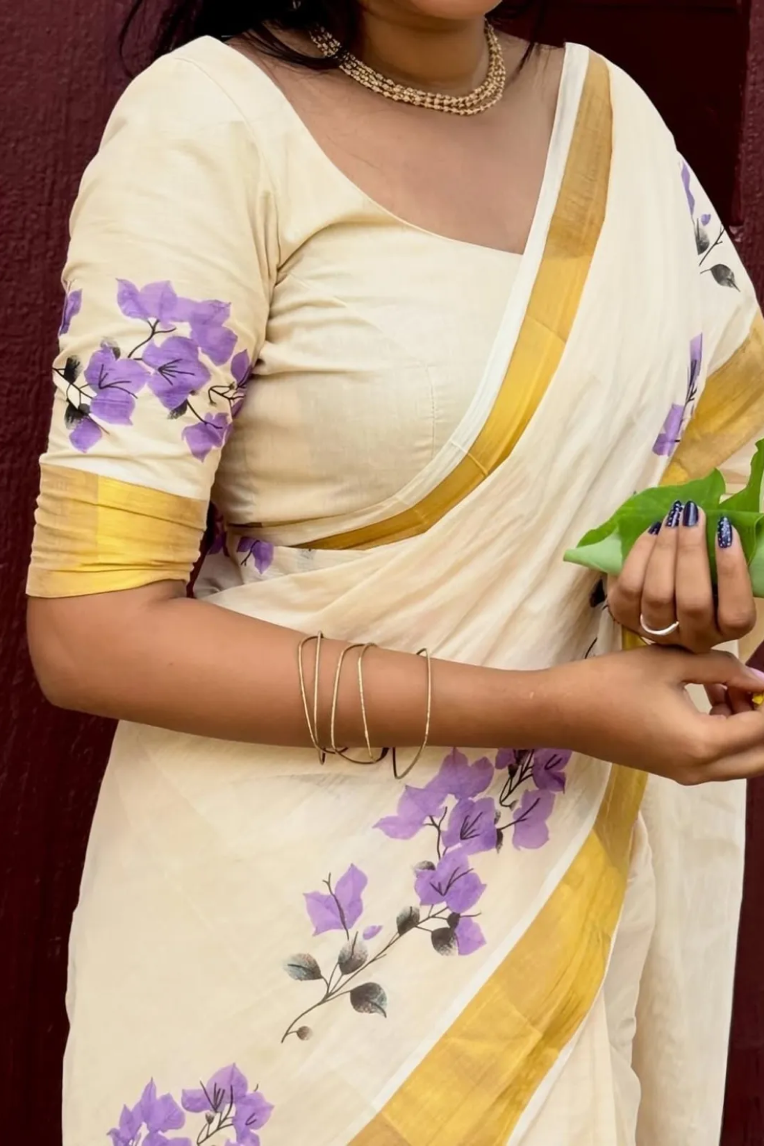 Elegant Chiku Linen Kerala Saree With Digital Floral Print & Gold Jari Border