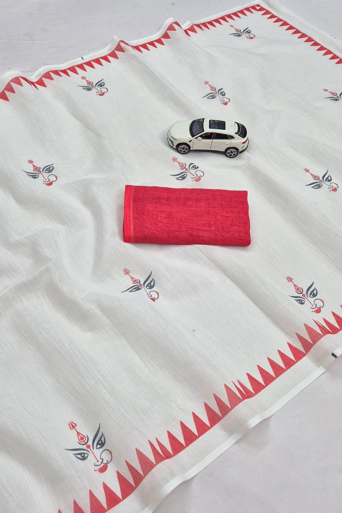 Durga Puja Special White Linen Saree With Red Digital Print & Traditional Border