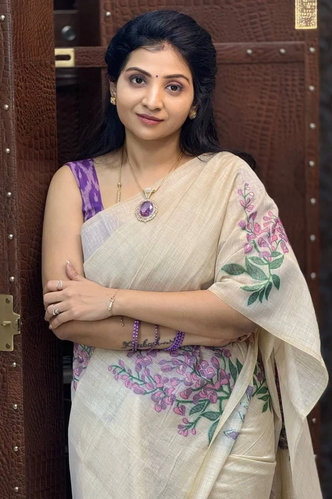 Cream With Blue Linen Digital Saree For Women