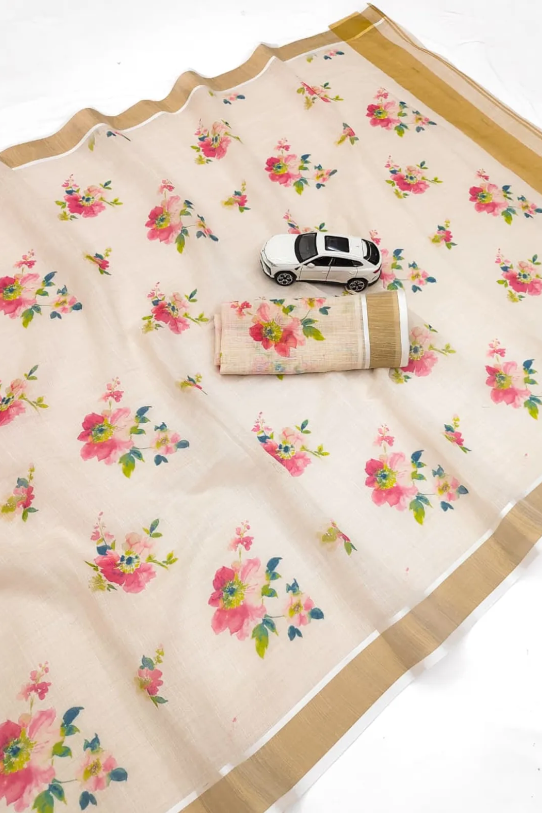 Elegant Chiku Linen Kerala Saree With Digital Floral Print & Gold Jari Border