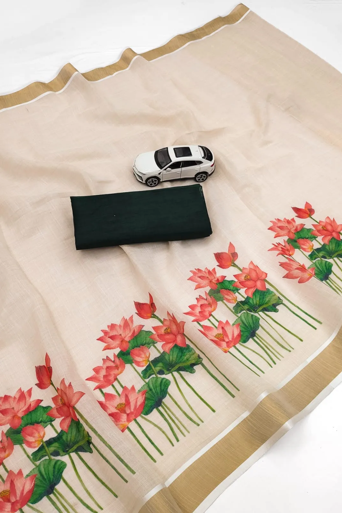 Elegant Chiku Linen Kerala Saree With Digital Floral Print & Gold Jari Border