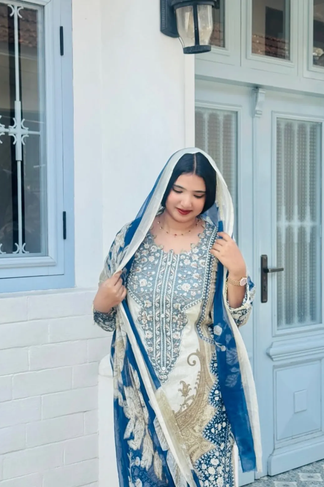Royal Blue & Ivory Berry Silk Suit Set With Mirror Work & Printed Dupatta