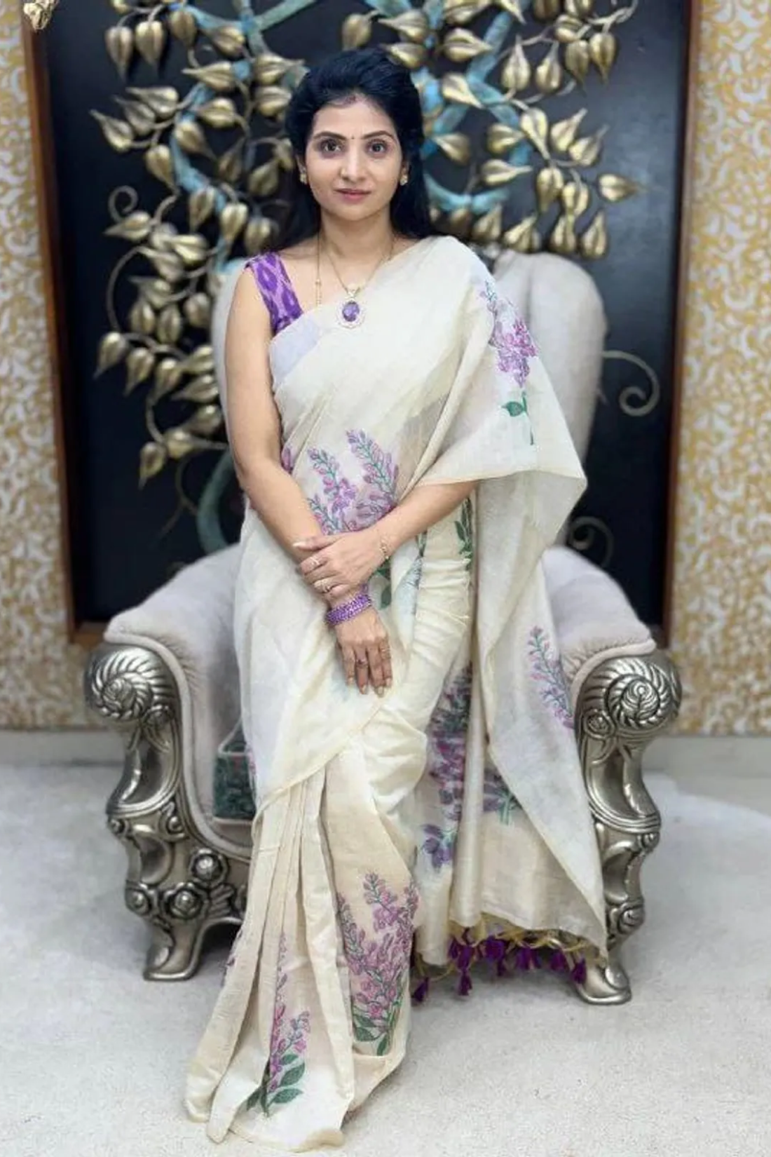 Cream With Blue Linen Digital Saree For Women