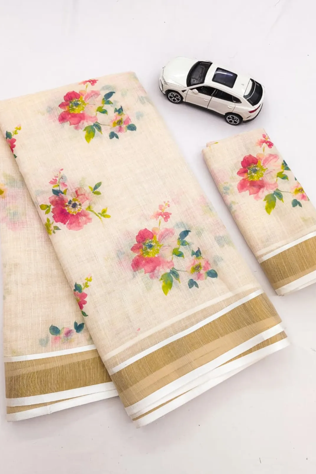 Elegant Chiku Linen Kerala Saree With Digital Floral Print & Gold Jari Border