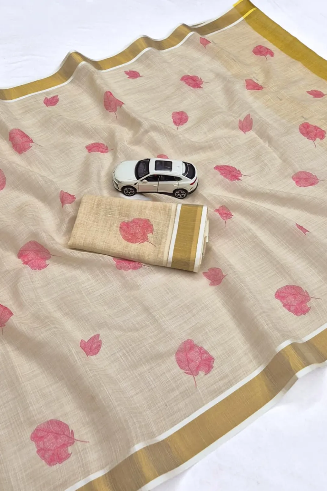 Elegant Chiku Linen Kerala Saree With Digital Floral Print & Gold Jari Border