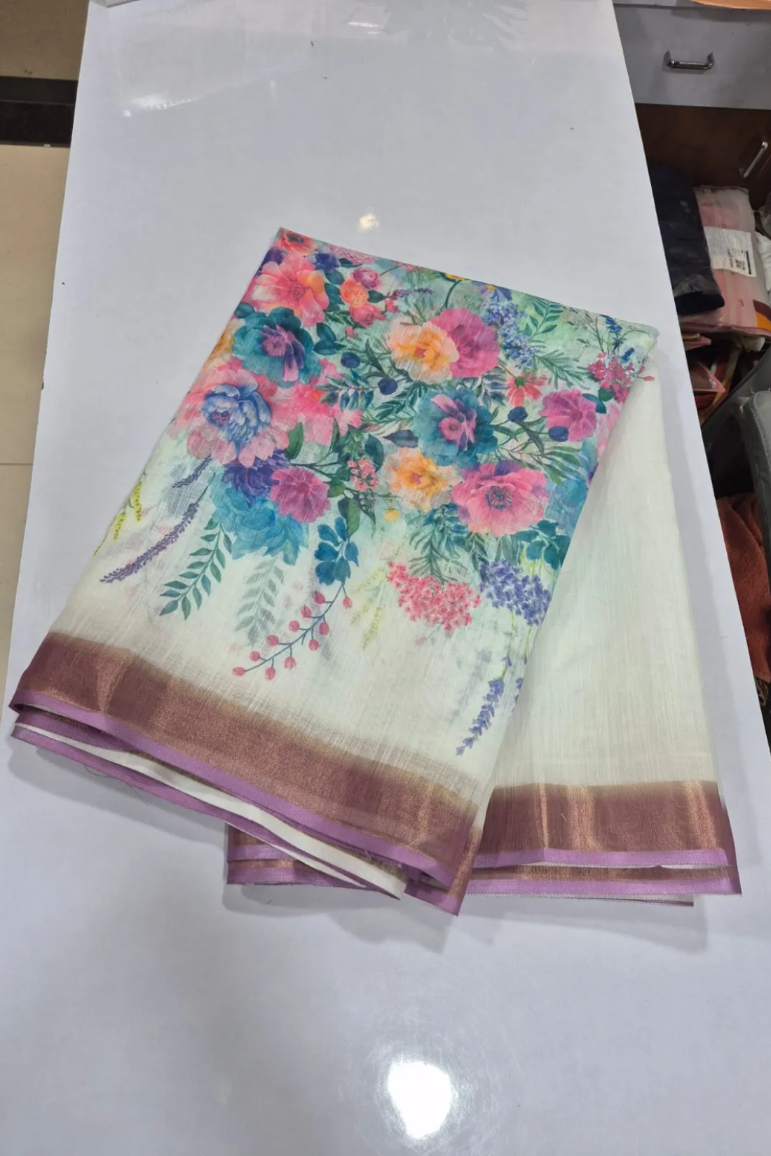 White Linen Saree with Floral Digital Print & Gold Jari Border