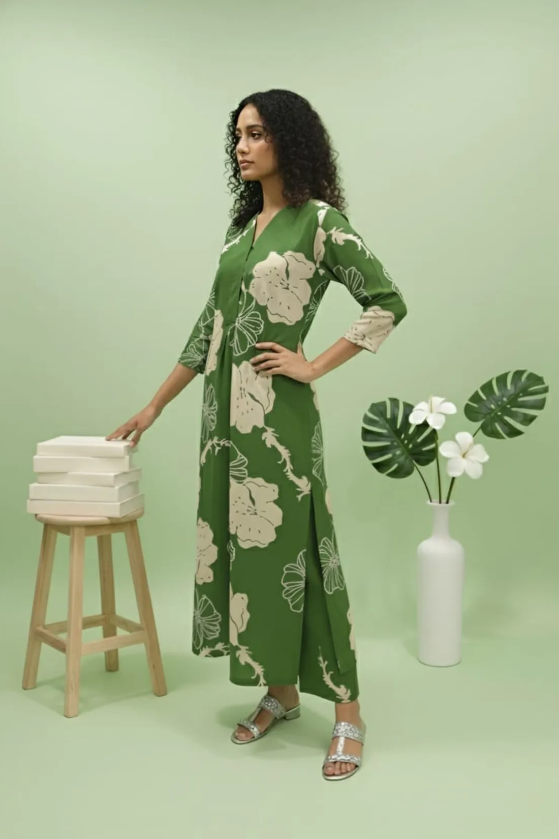 Green Poly Rayon Premium Long Kurti Pant Co-ord Set For Women