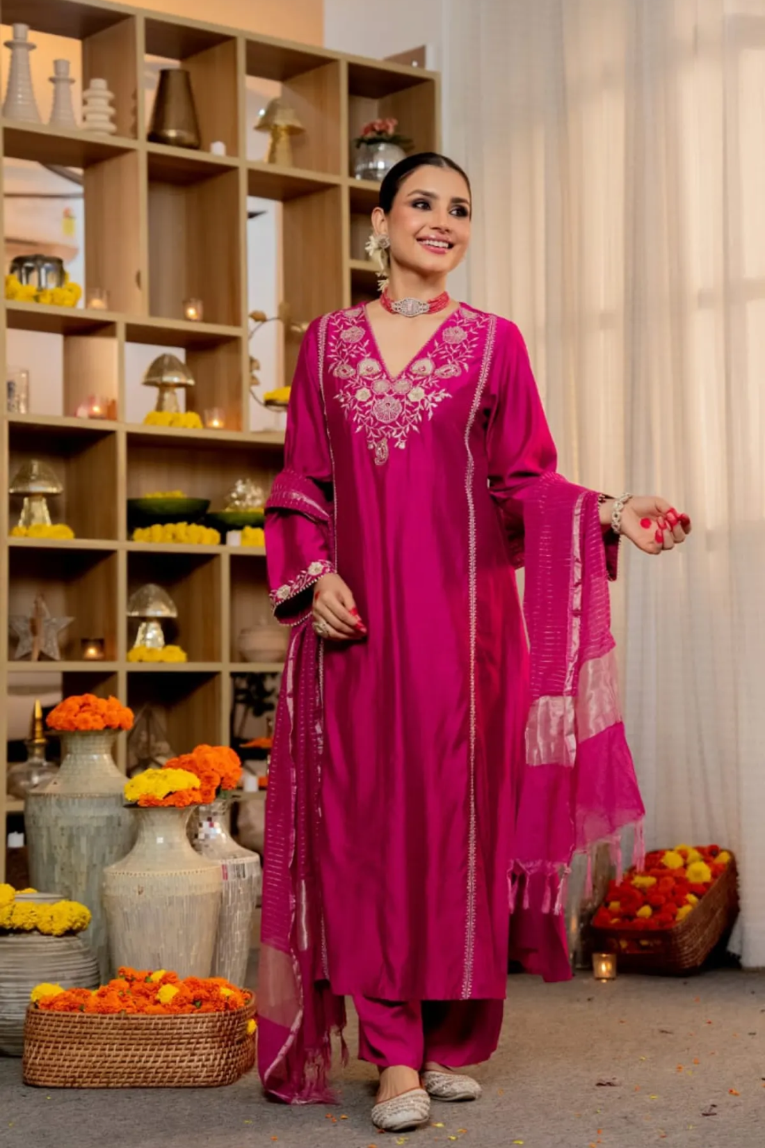 Premium Pure Satori Silk Pink Suit Set with Banarasi Dupatta