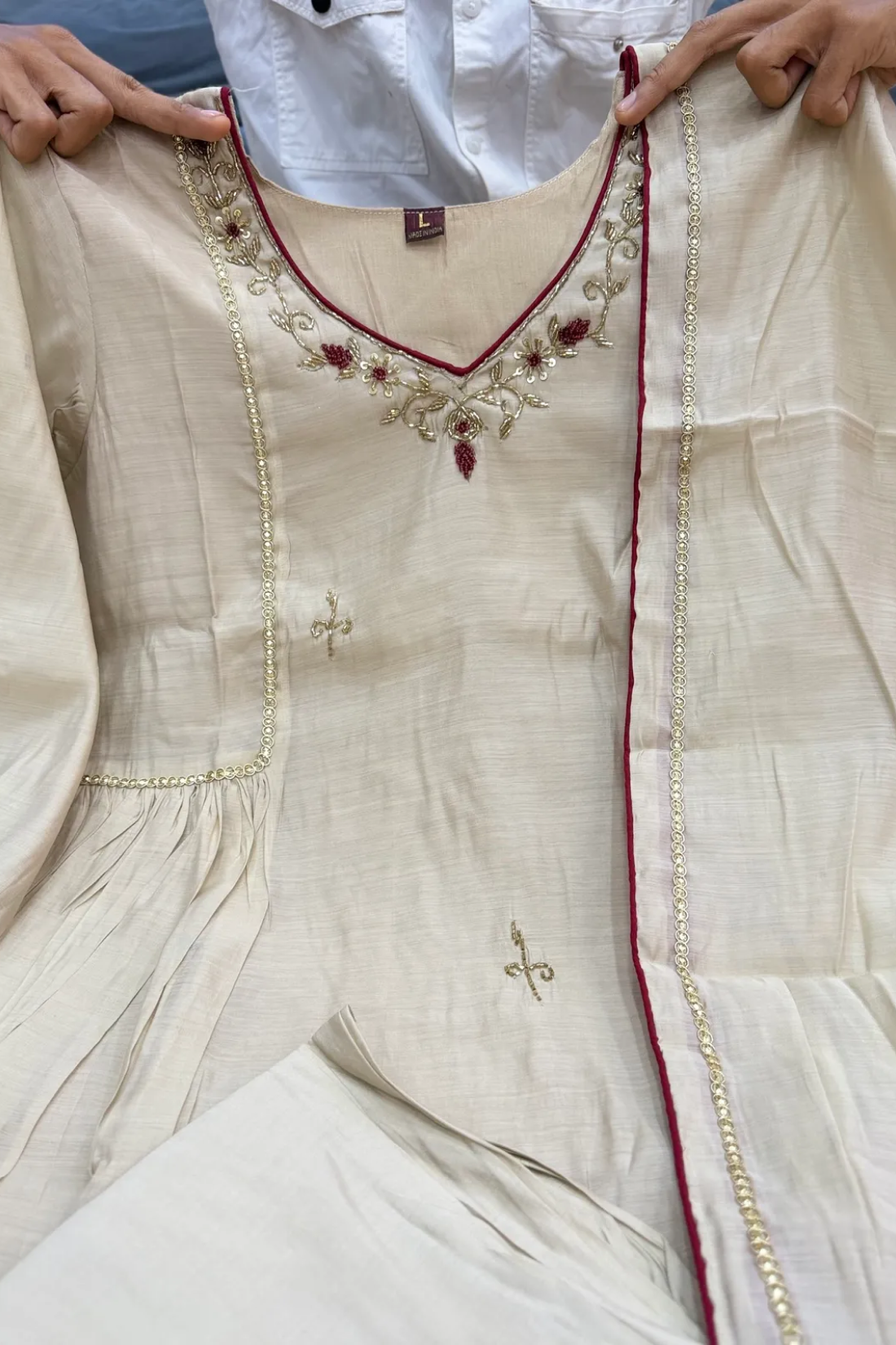 Almond Beige Pure Mul Chanderi Anarkali Suit Set With Handwork & Embroidery
