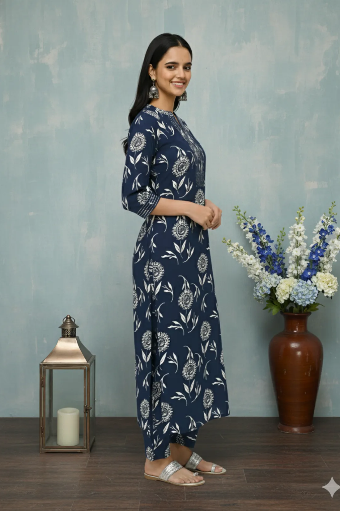 Navy Blue Poly Rayon Premium Kurta And Pant Set For Women