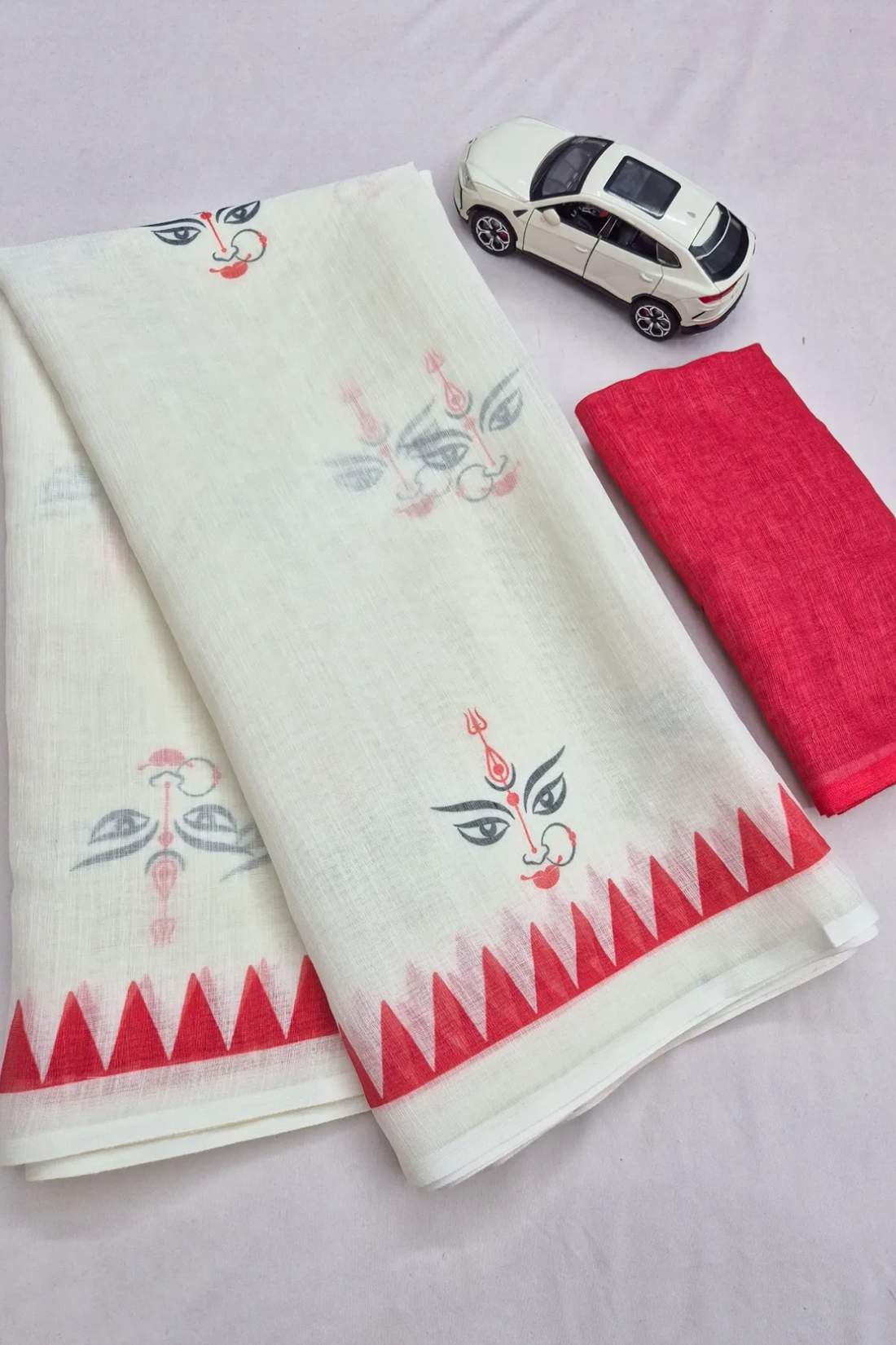 Durga Puja Special White Linen Saree With Red Digital Print & Traditional Border