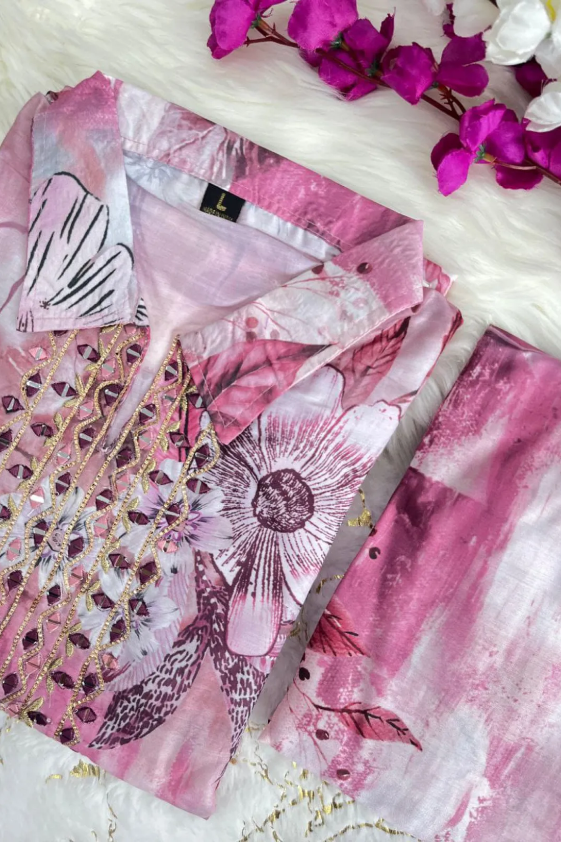 Sharda Ethnic Blush Bloom Mirror Work Muslin Co-Ord Set with Afghani Pants