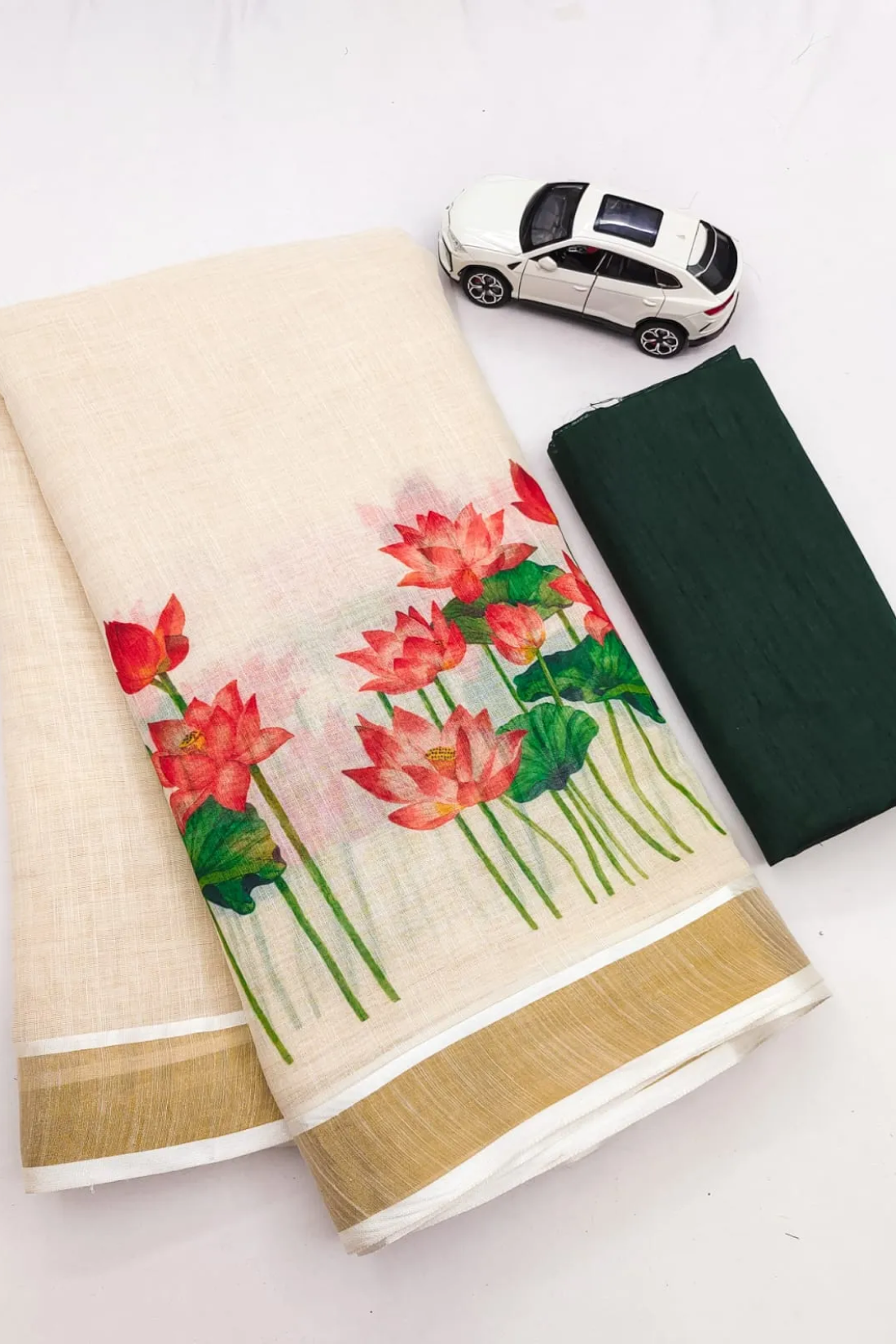 Elegant Chiku Linen Kerala Saree With Digital Floral Print & Gold Jari Border