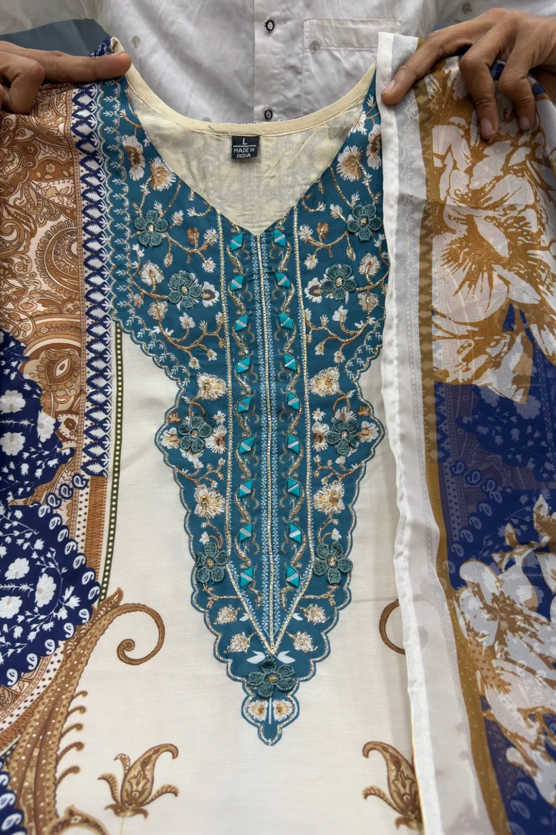 Royal Blue & Ivory Berry Silk Suit Set With Mirror Work & Printed Dupatta