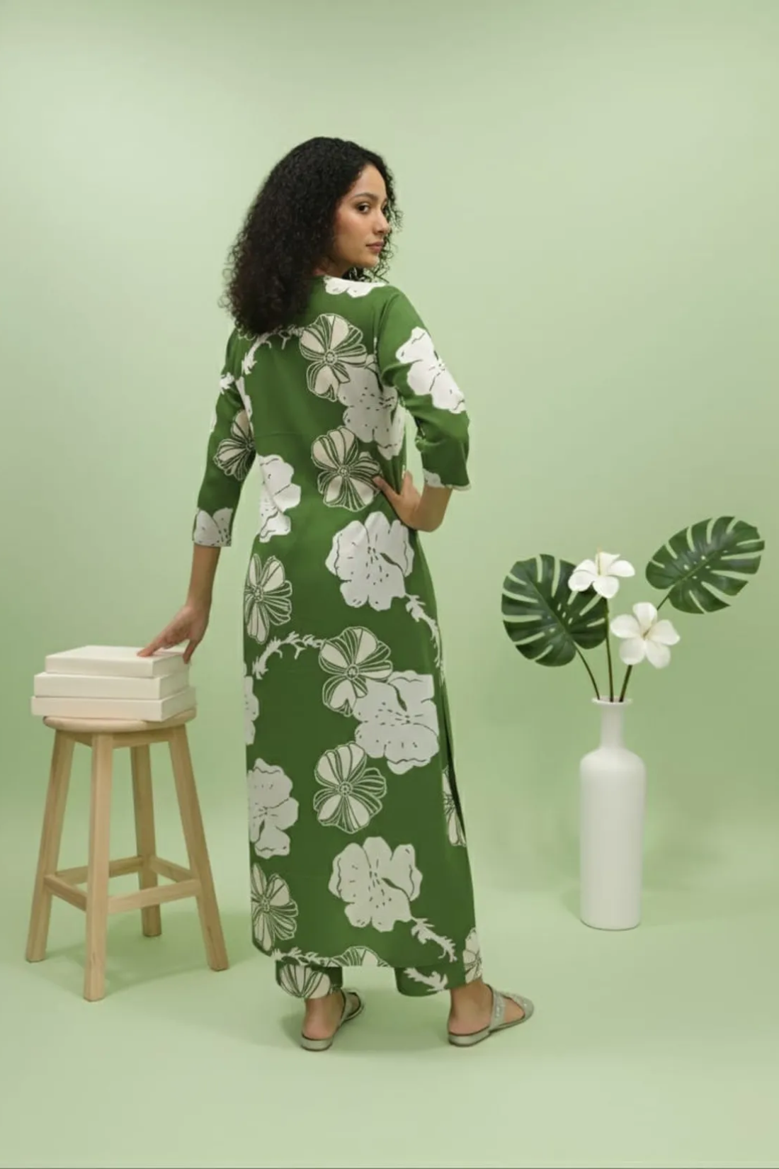 Green Poly Rayon Premium Long Kurti Pant Co-ord Set For Women