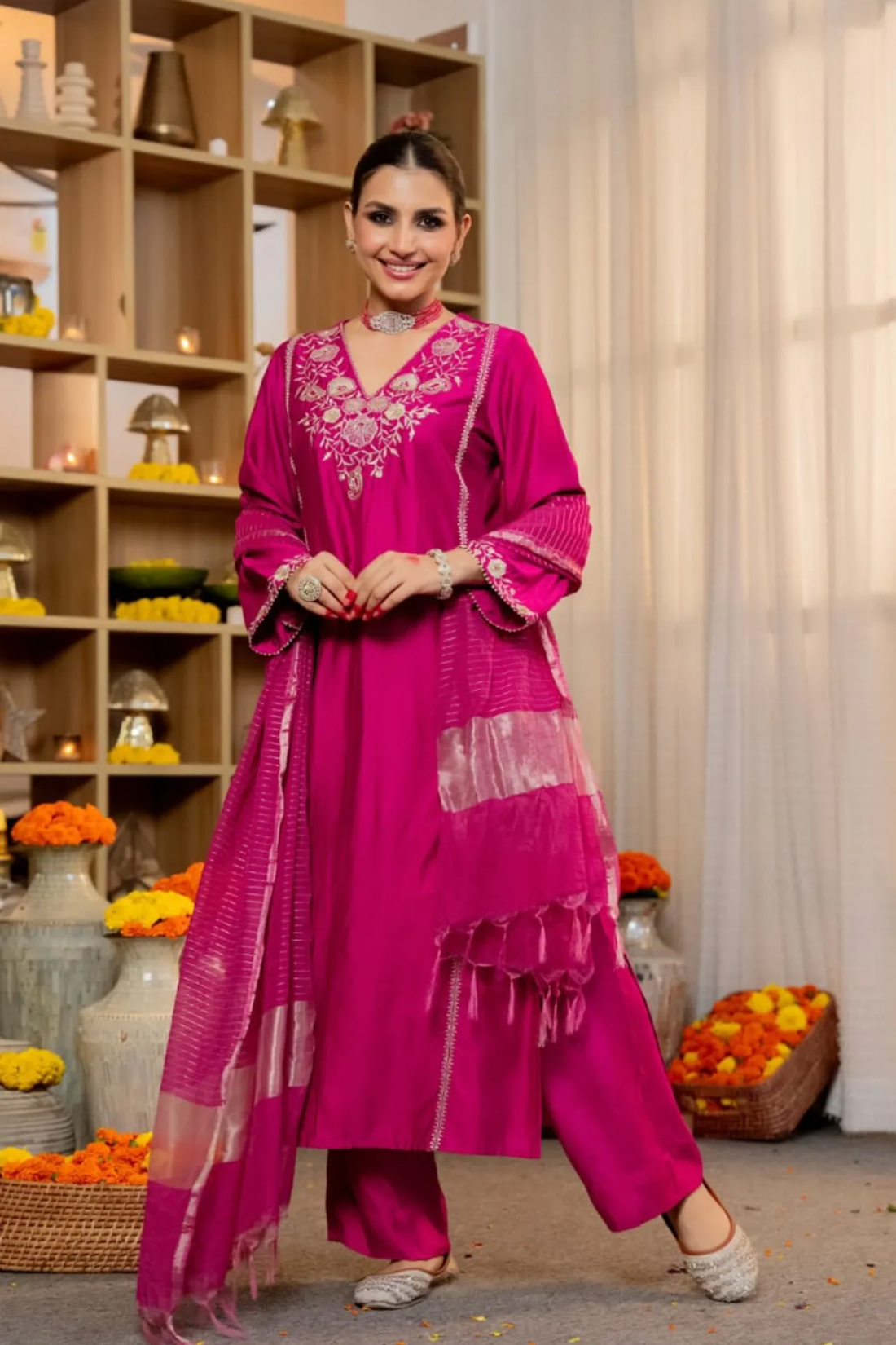 Premium Pure Satori Silk Pink Suit Set with Banarasi Dupatta