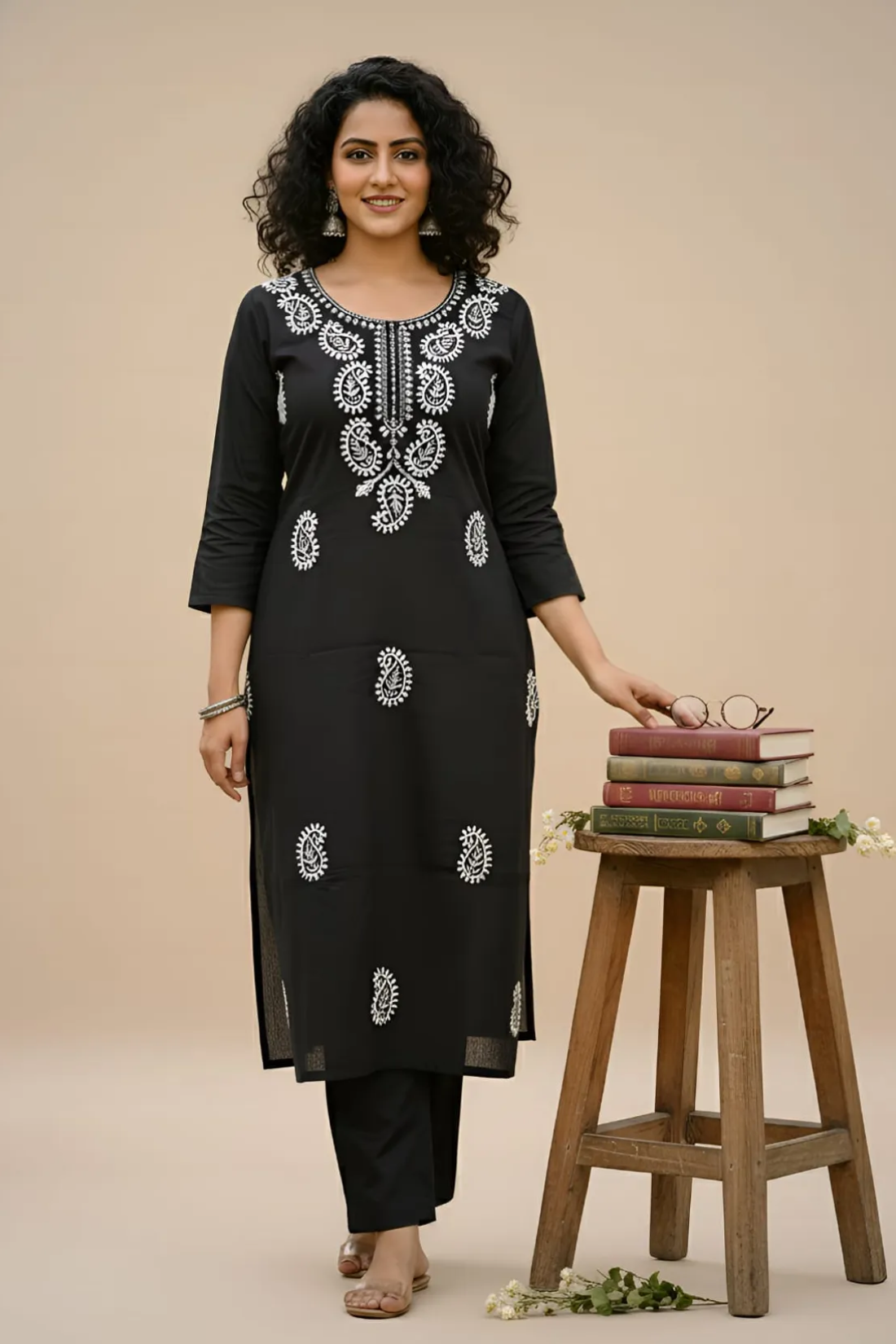 Black Tesla Slub Embroidered Kurti Pant Set with White Thread Work