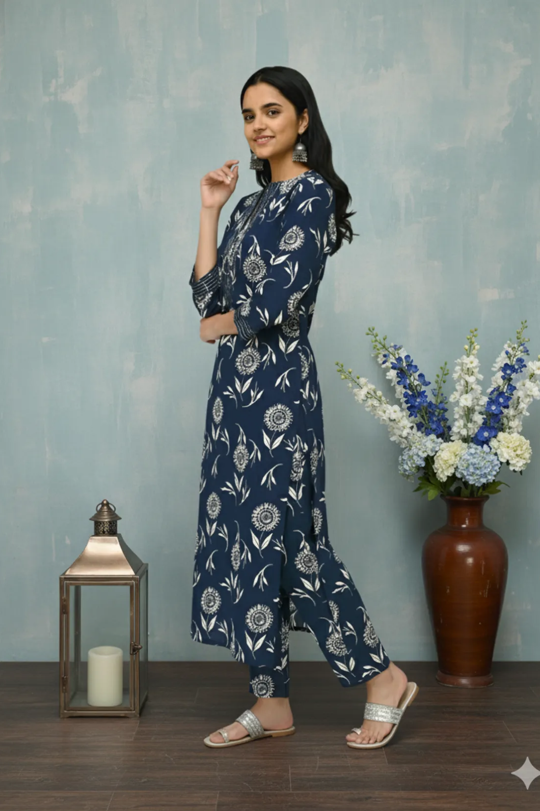 Navy Blue Poly Rayon Premium Kurta And Pant Set For Women