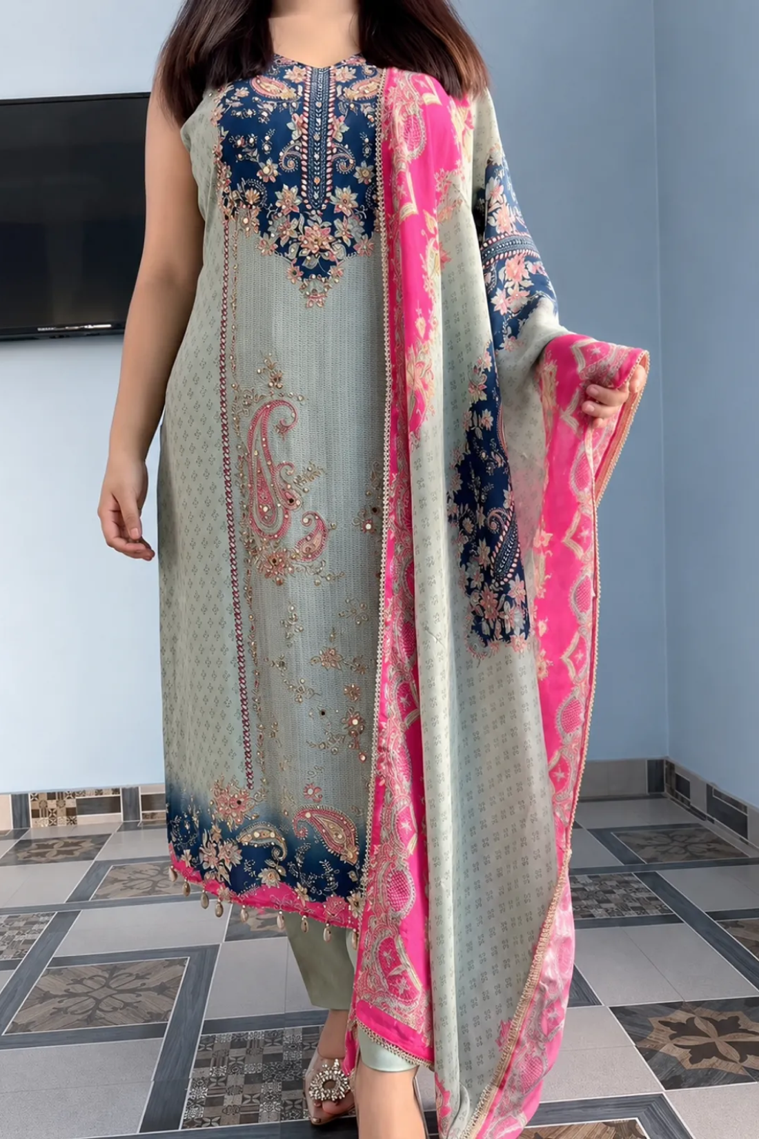 Muslin Mirror Work Festive Ethnic Suit Set With Printed Dupatta