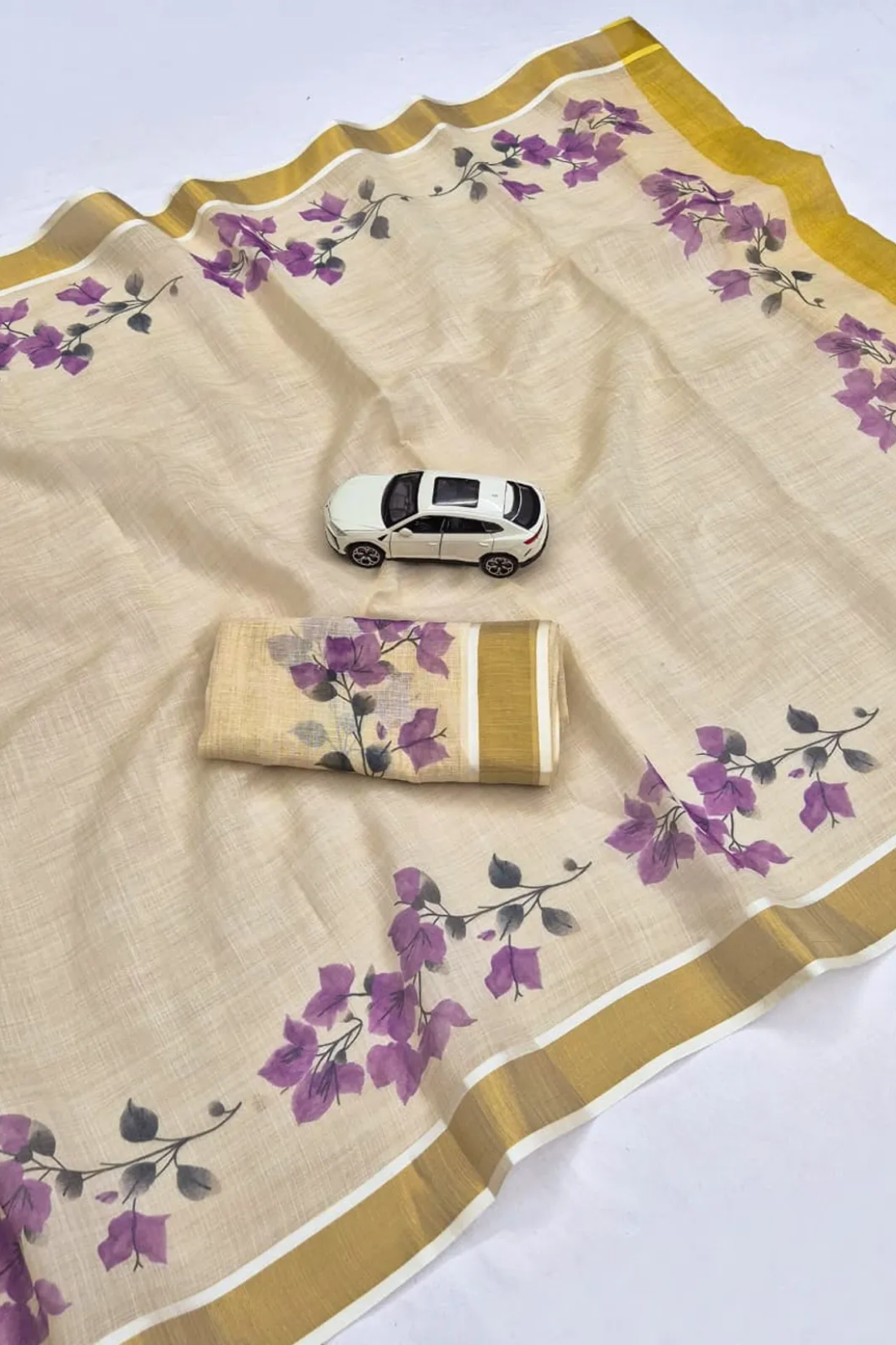 Elegant Chiku Linen Kerala Saree With Digital Floral Print & Gold Jari Border