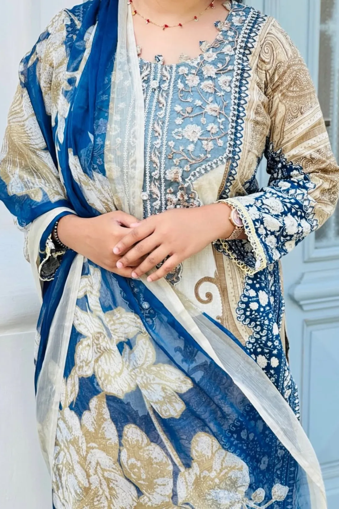 Royal Blue & Ivory Berry Silk Suit Set With Mirror Work & Printed Dupatta