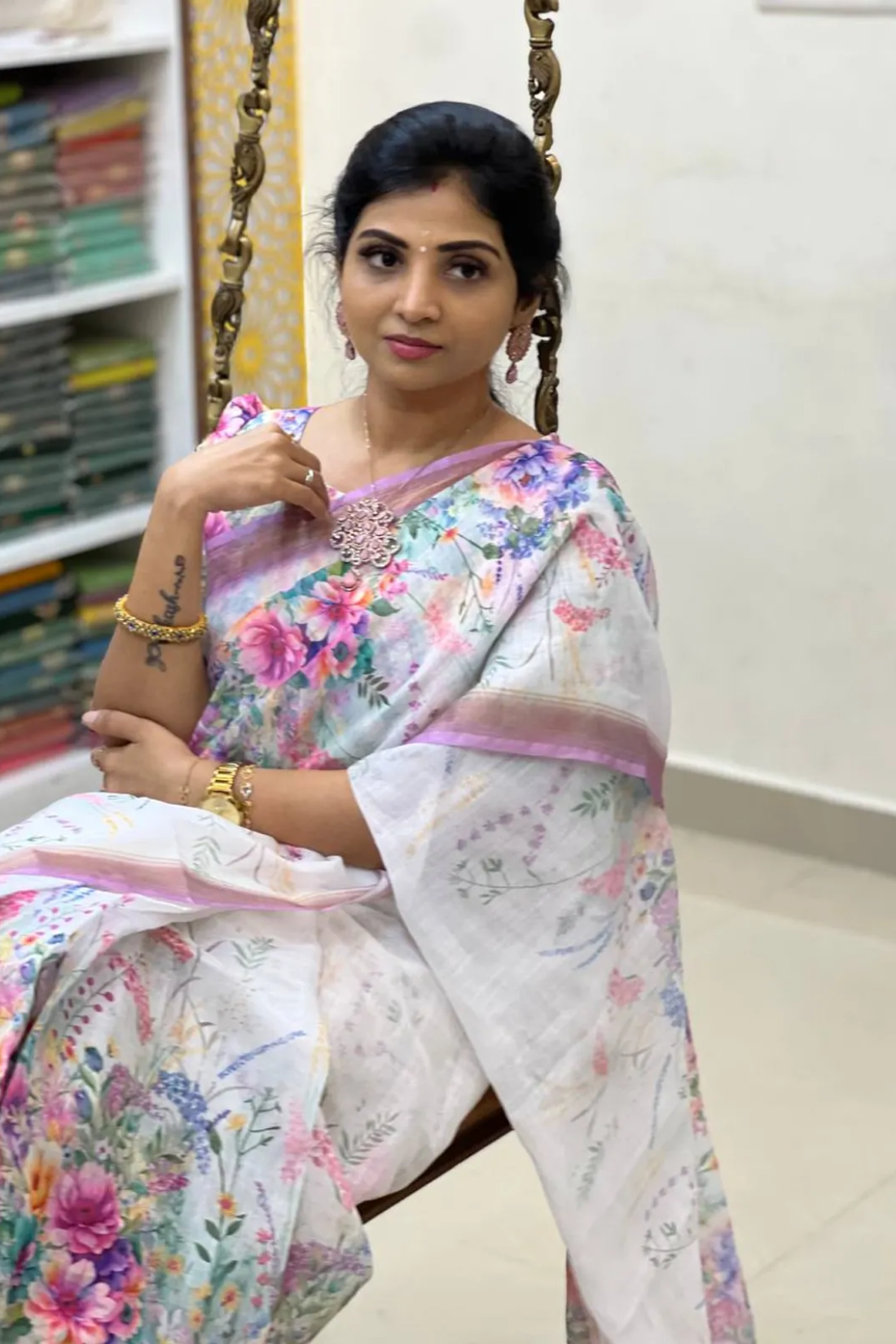 White Linen Saree with Floral Digital Print & Gold Jari Border