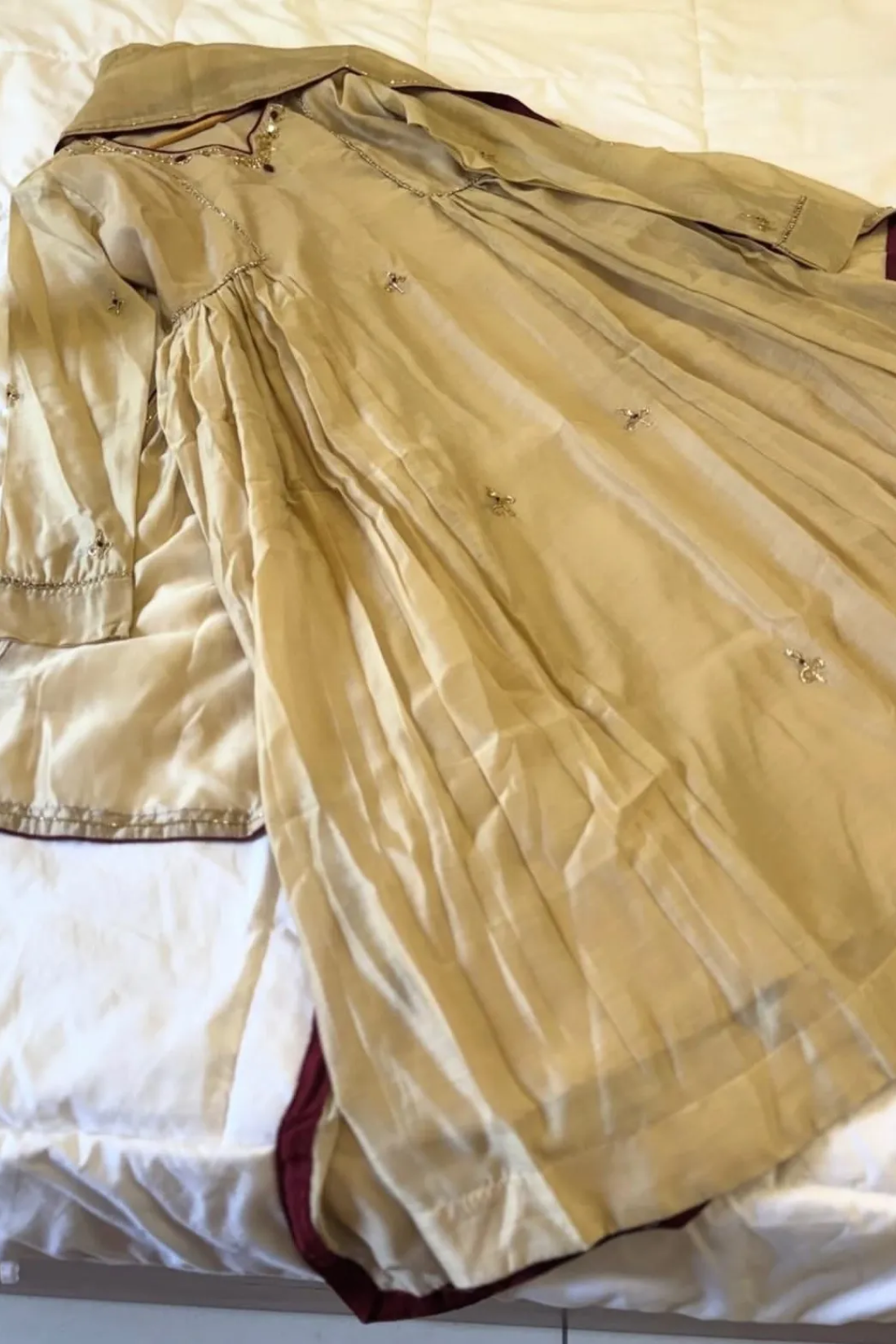 Almond Beige Pure Mul Chanderi Anarkali Suit Set With Handwork & Embroidery