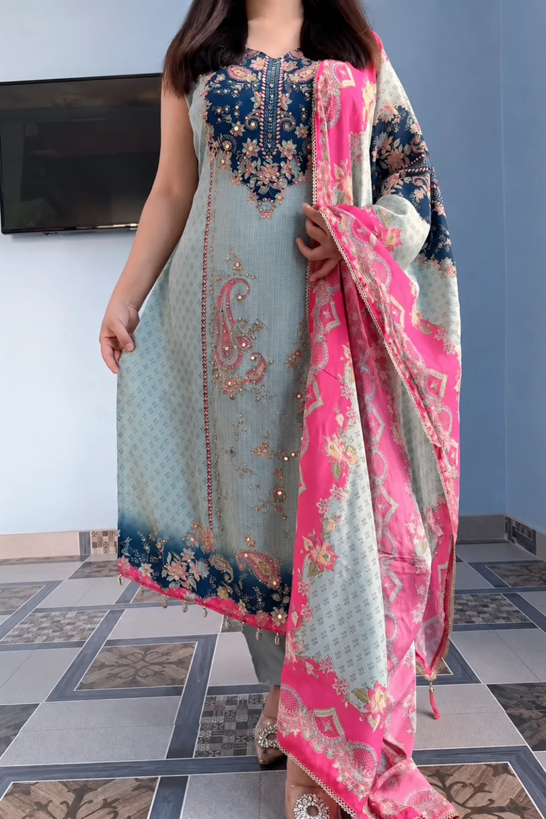 Muslin Mirror Work Festive Ethnic Suit Set With Printed Dupatta