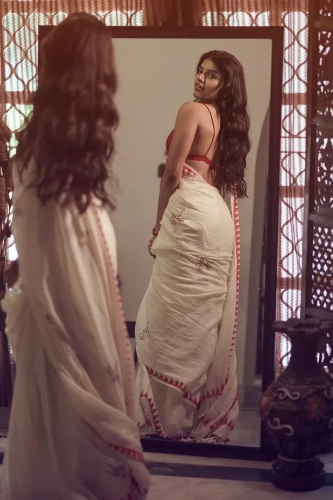 Durga Puja Special White Linen Saree With Red Digital Print & Traditional Border