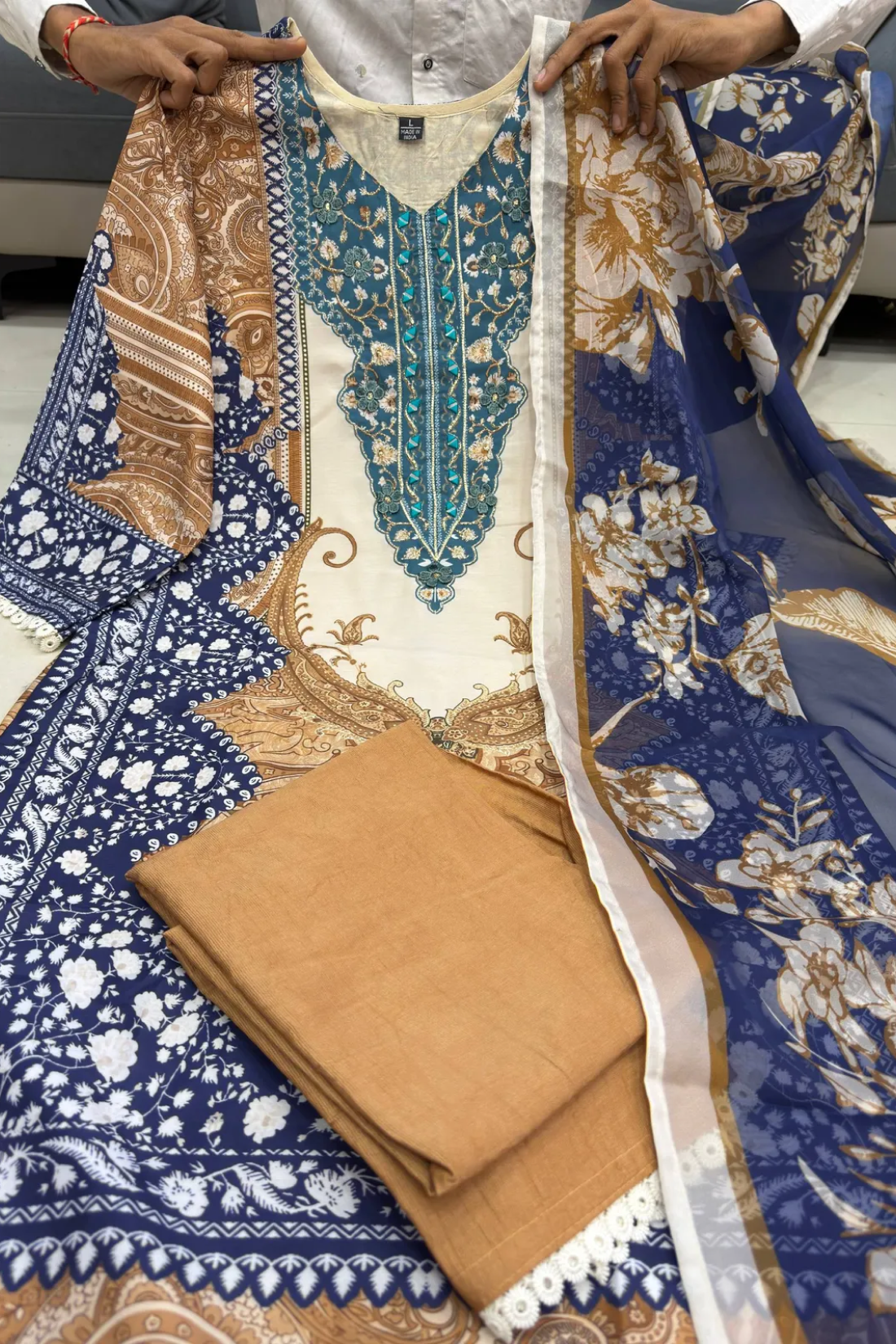 Royal Blue & Ivory Berry Silk Suit Set With Mirror Work & Printed Dupatta