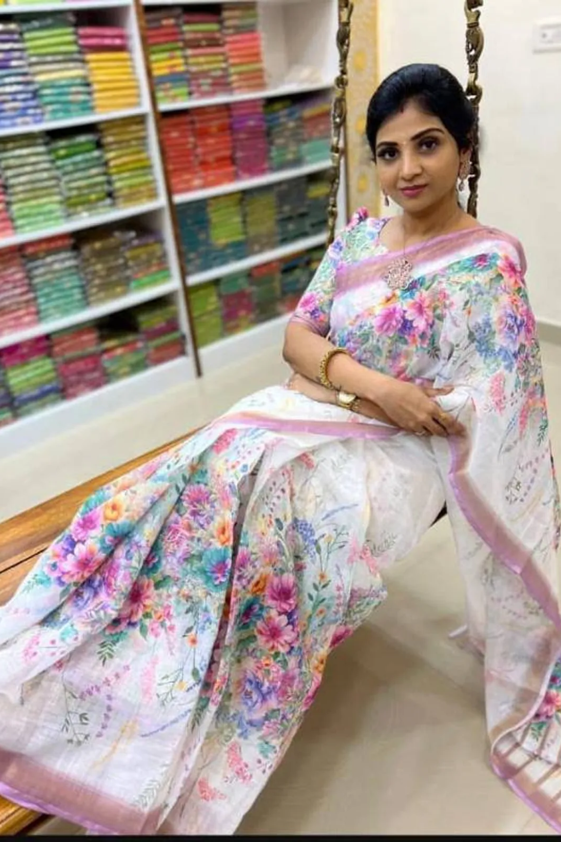 White Linen Saree with Floral Digital Print & Gold Jari Border