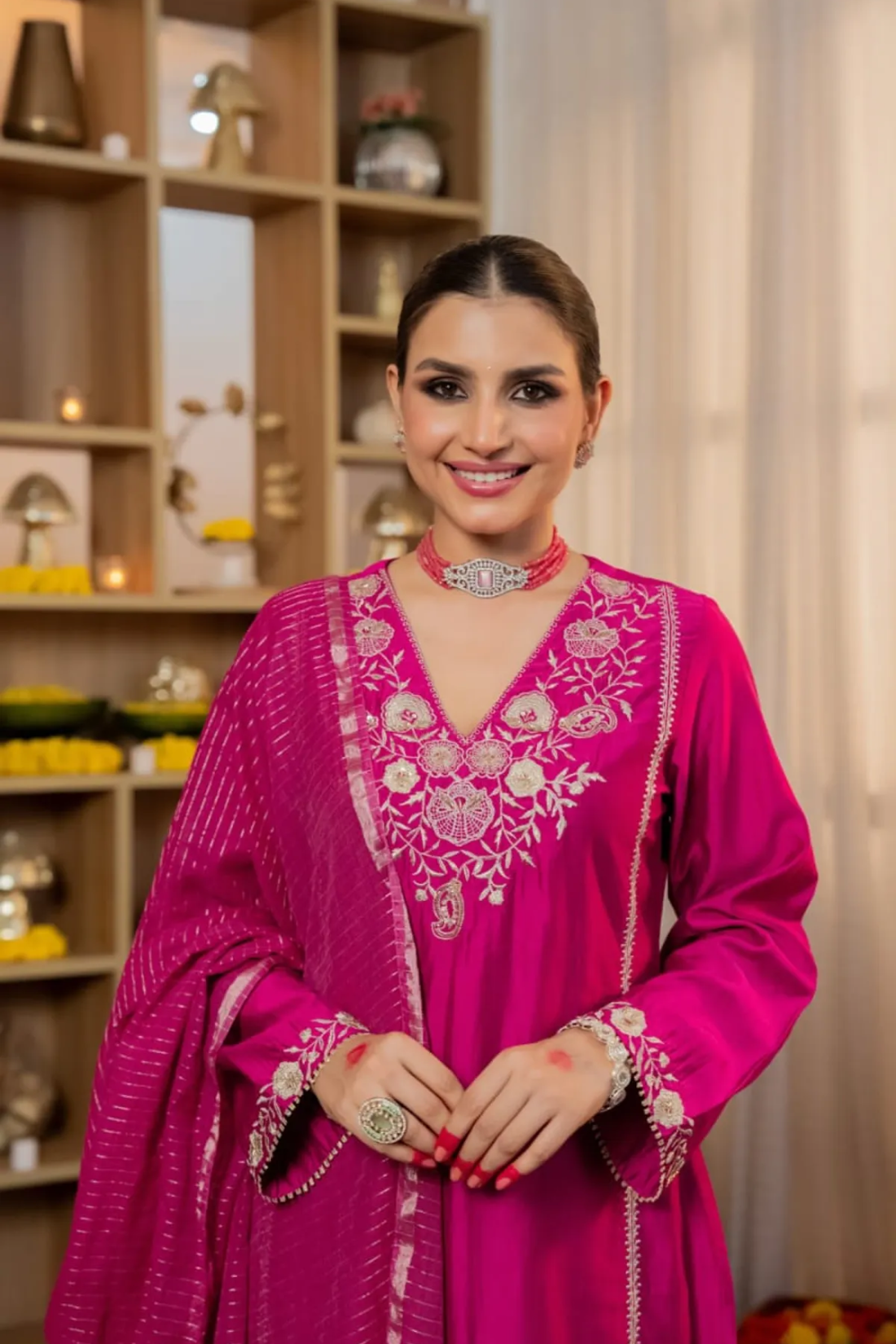 Premium Pure Satori Silk Pink Suit Set with Banarasi Dupatta