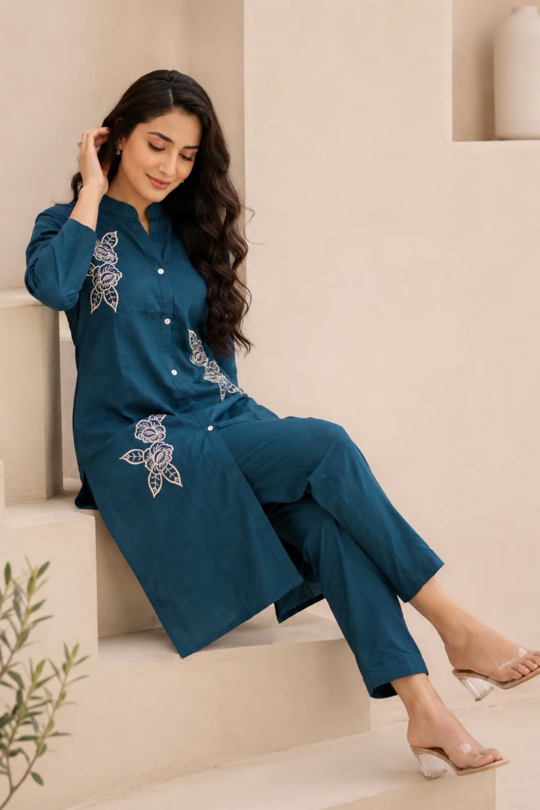 Sharda Ethnic Blue Dhabu Bloom Premium Cotton Co-Ord Set