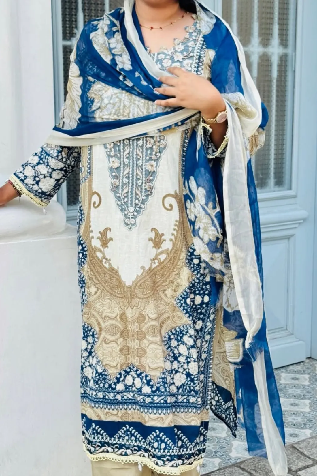 Royal Blue & Ivory Berry Silk Suit Set With Mirror Work & Printed Dupatta