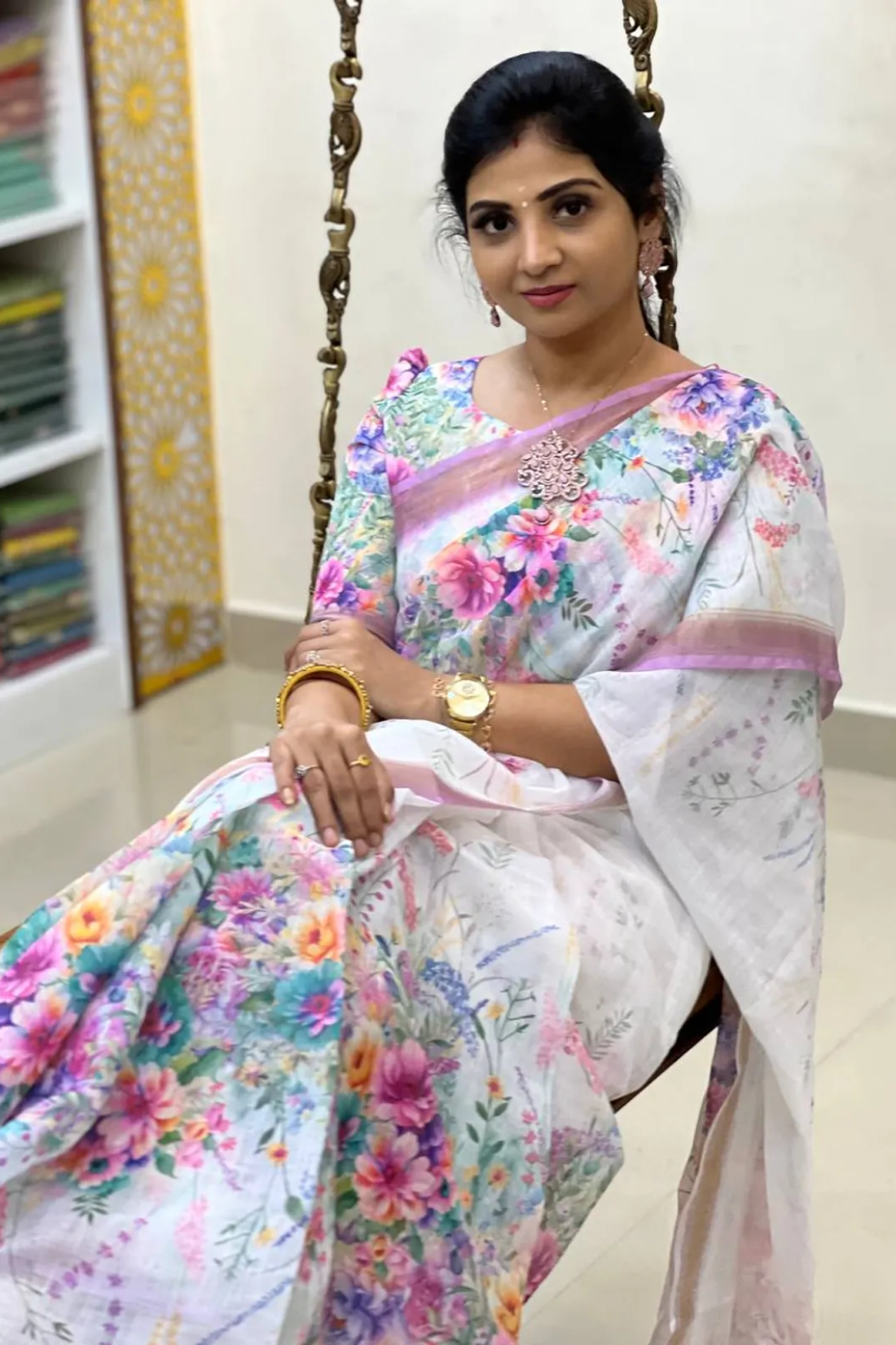 White Linen Saree with Floral Digital Print & Gold Jari Border
