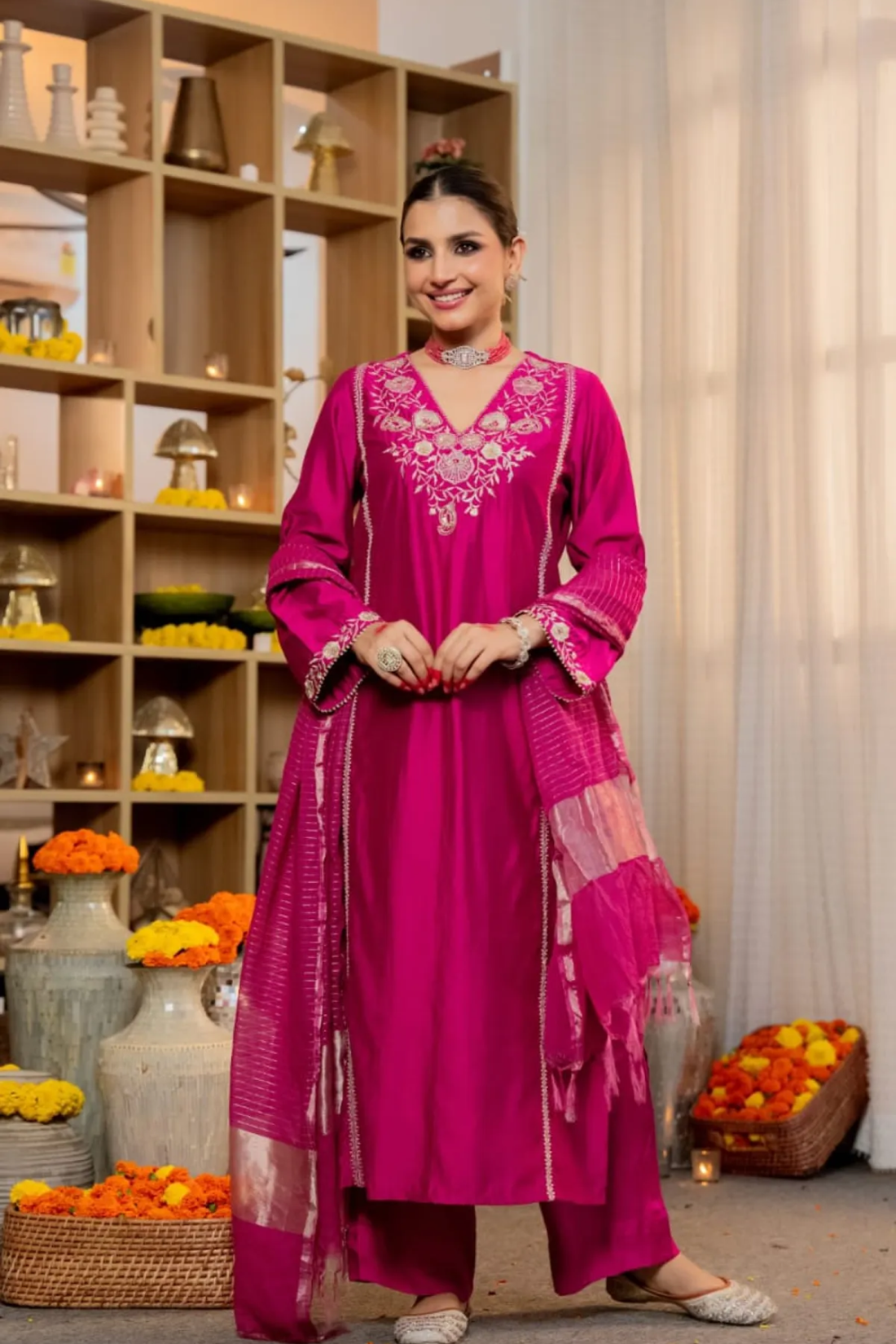 Premium Pure Satori Silk Pink Suit Set with Banarasi Dupatta