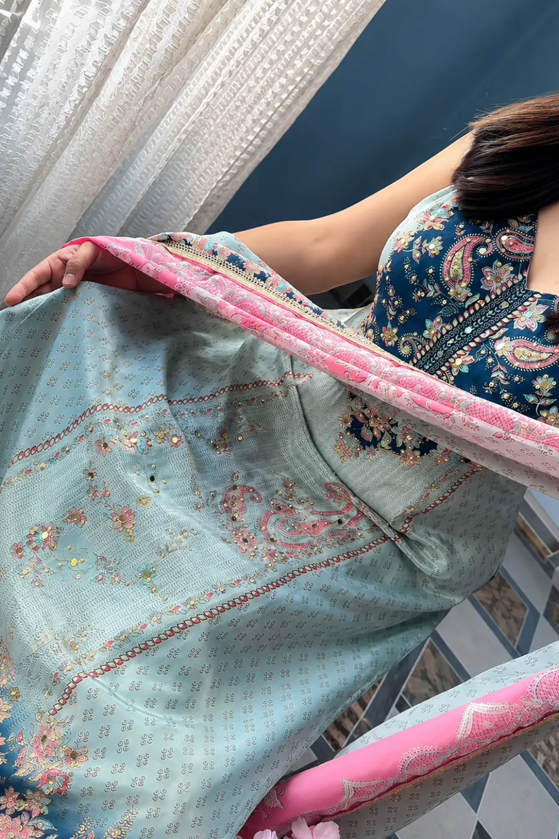 Muslin Mirror Work Festive Ethnic Suit Set With Printed Dupatta