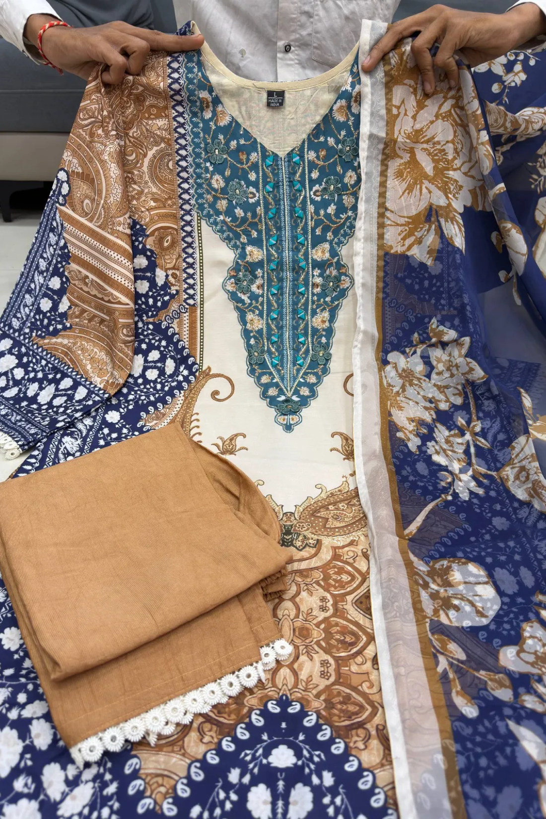 Royal Blue & Ivory Berry Silk Suit Set With Mirror Work & Printed Dupatta