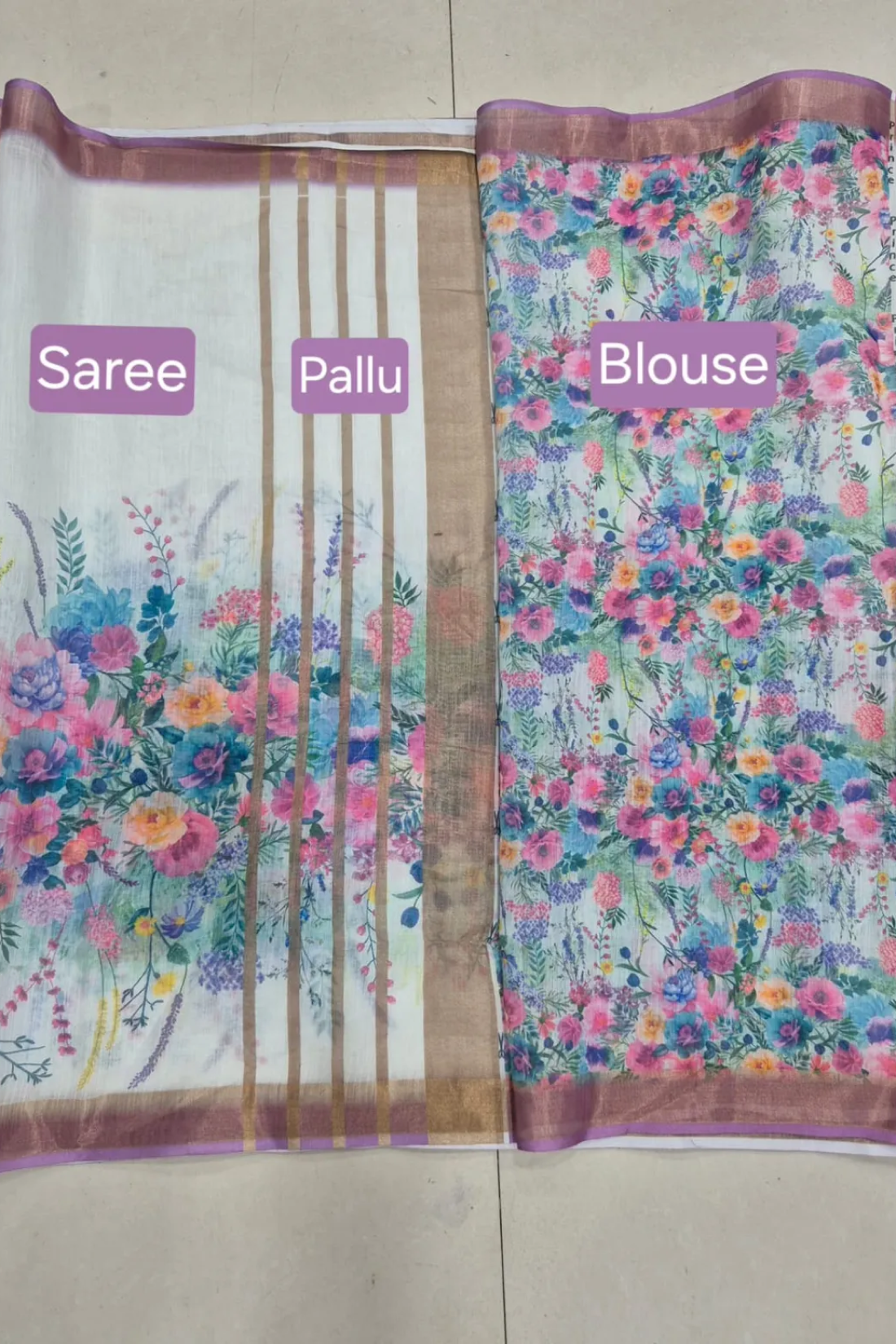 White Linen Saree with Floral Digital Print & Gold Jari Border